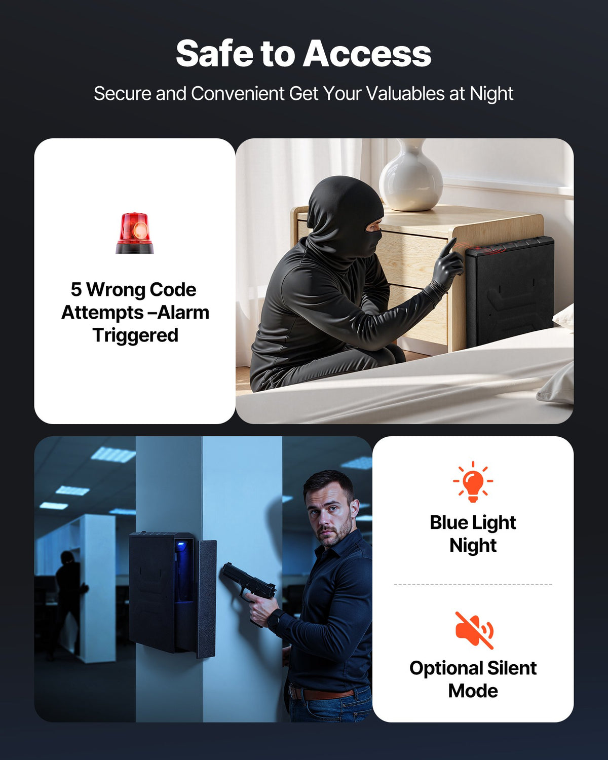 VEVOR Gun Safe, Slider Handgun Gun Safe with Fingerprint/Password/Key, 3-Way Quick Access Firearm Case Box with Lighting for 1 Pistol & Magazine, Mounted Pistol Gun Box for Nightstand Bedside Desk Car