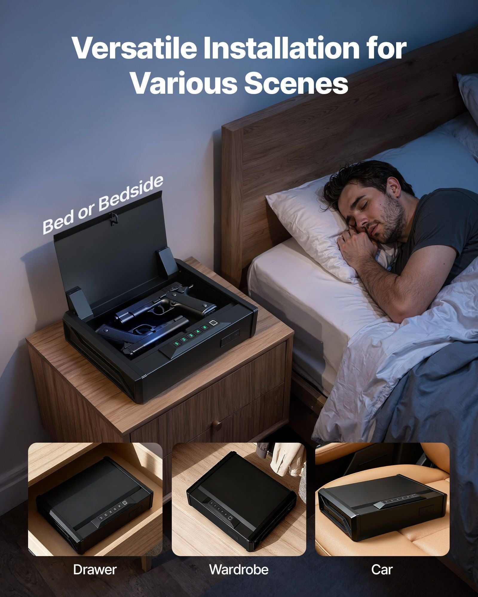 Gun Safe, Heavy Duty Handgun Safe with Fingerprint/Password/Key, 3-Way Quick Access Firearm Case Box with Lighting for 2 Pistols & 2 Magazines, Pistol Gun Box for Nightstand Bedside Desk Car