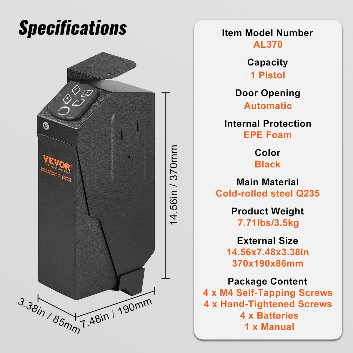 VEVOR Mounted Gun Safe for Pistols Biometric Gun Safe 3 Access Ways for 1 Pistol