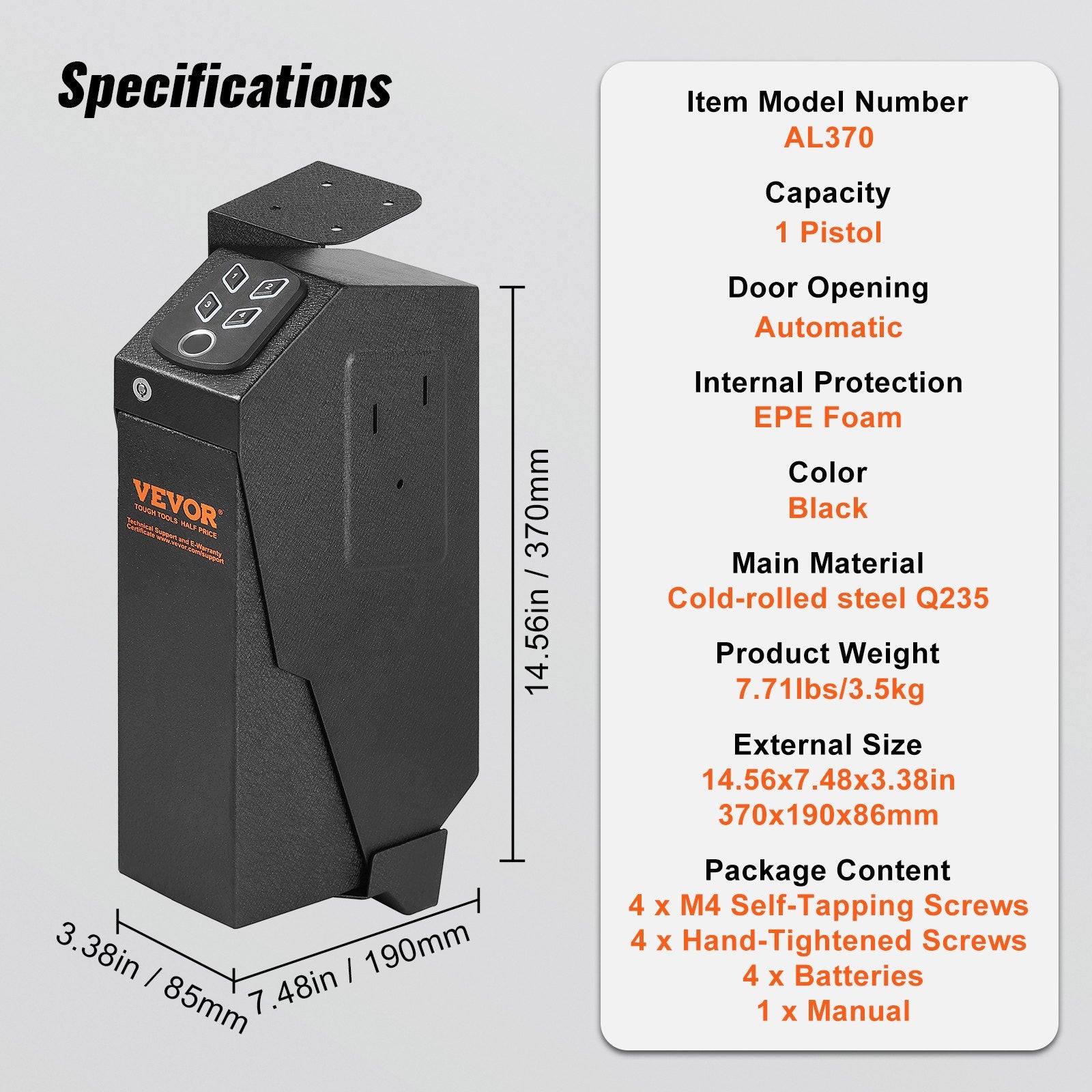 VEVOR Mounted Gun Safe for Pistols Biometric Gun Safe 3 Access Ways for 1 Pistol