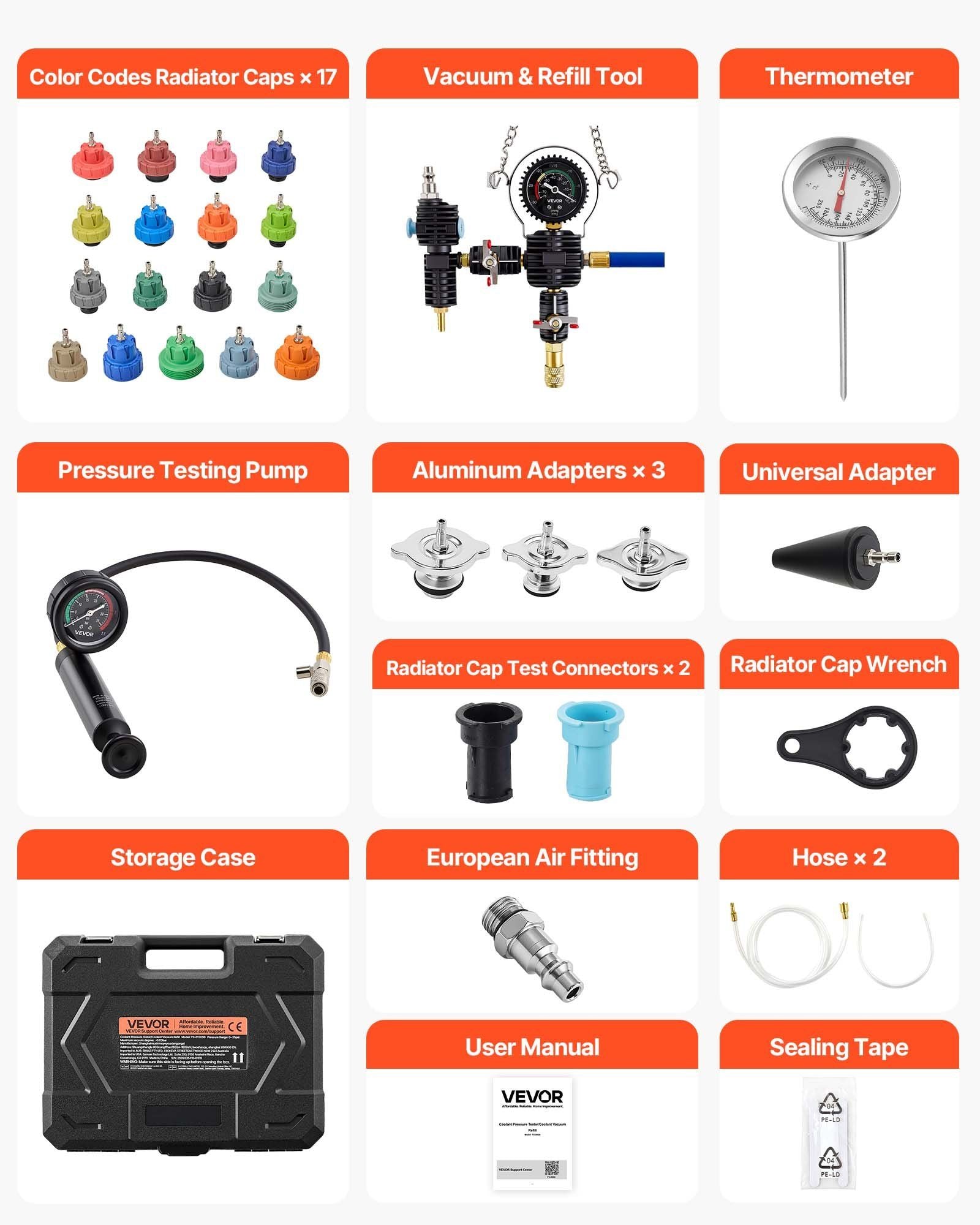 Coolant Pressure Tester Kit, 47Pcs Radiator Vacuum Refill Kit with 3 Metal Adapters, Universal Fit, Automotive Cooling System Pressure Tester Tool, with Pressures Pump & Plastic Filler