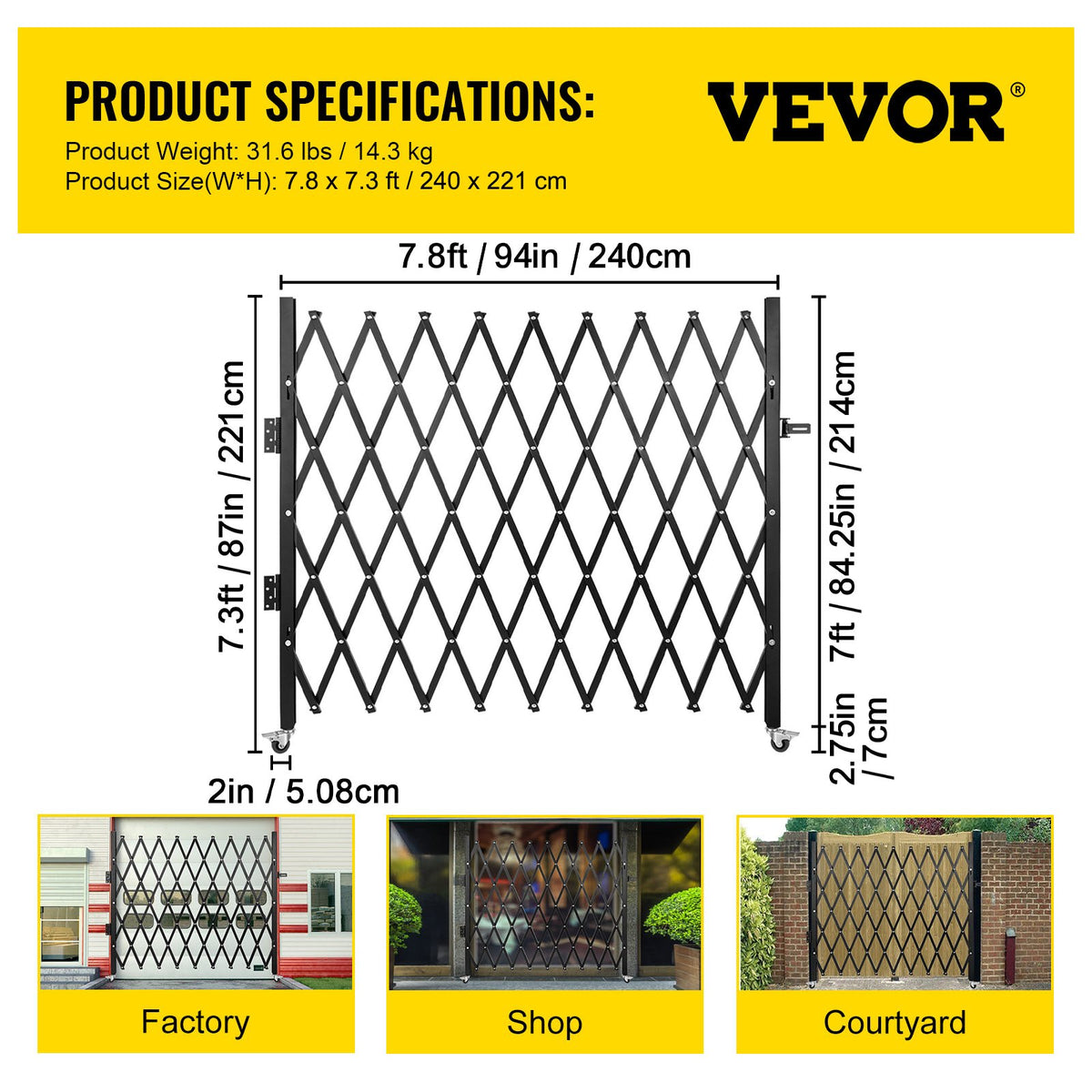 VEVOR Single Folding Security Gate, 85" H x 95" W Folding Door Gate, Steel Accordion Security Gate, Flexible Expanding Security Gate, Rolling Barricade Gate, Scissor Gate/Door with Padlock