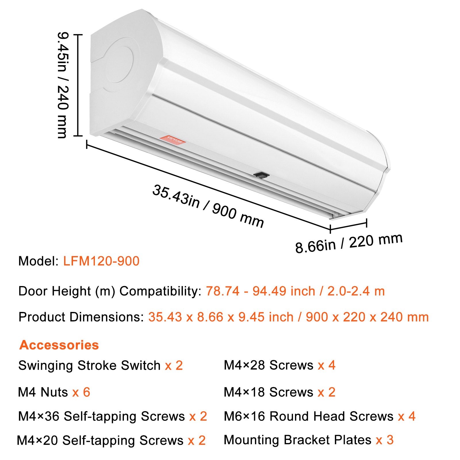 VEVOR 0.9m Commercial Indoor Air Curtain Super Power 2 Speeds 1528m³/h, UL Certified Wall Mounted Air Curtains for Doors, Indoor Over Door Fan with Heavy Duty Limit Switch, Easy-Install Unheated