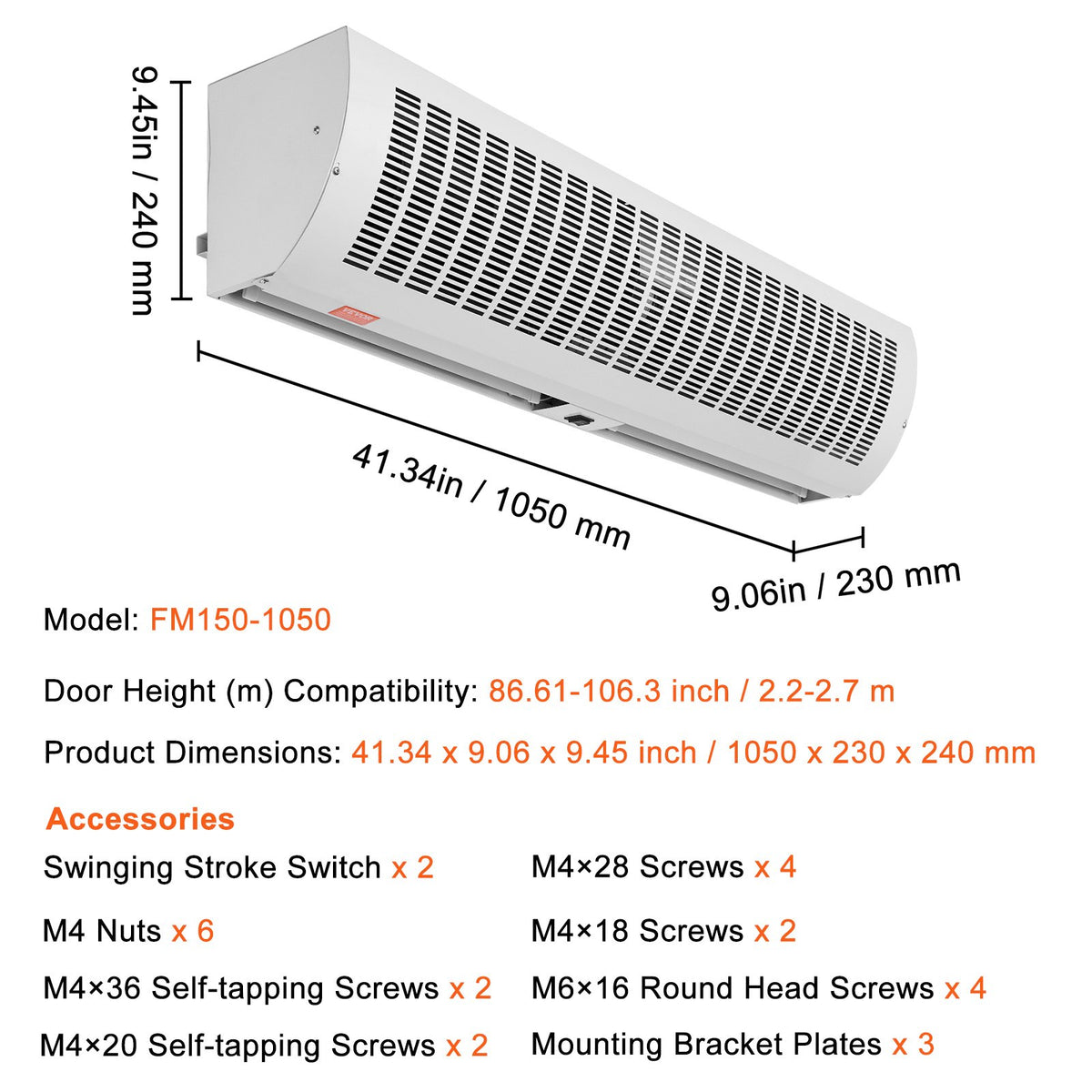 VEVOR 1.1m Commercial Indoor Air Curtain Super Power 2 Speeds 2292m_/h, UL Certified Wall Mounted Air Curtains for Doors, Indoor Over Door Fan with Heavy Duty Limit Switch, Easy-Install Unheated