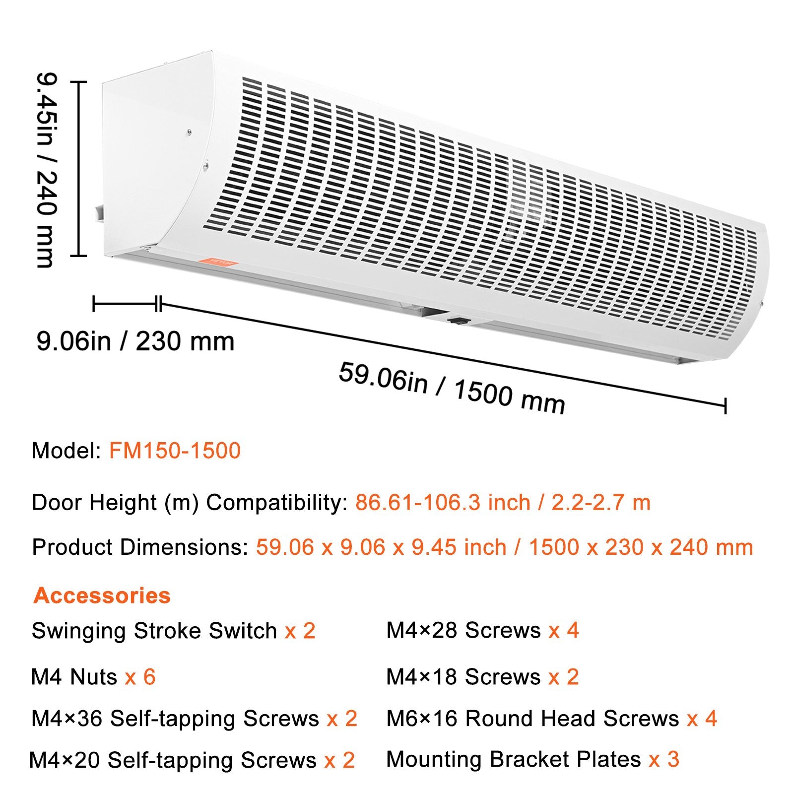 VEVOR 1.5m Commercial Indoor Air Curtain Super Power 2 Speeds 3566m³/h, UL Certified Wall Mounted Air Curtains for Doors, Indoor Over Door Fan with Heavy Duty Limit Switch, Easy-Install Unheated