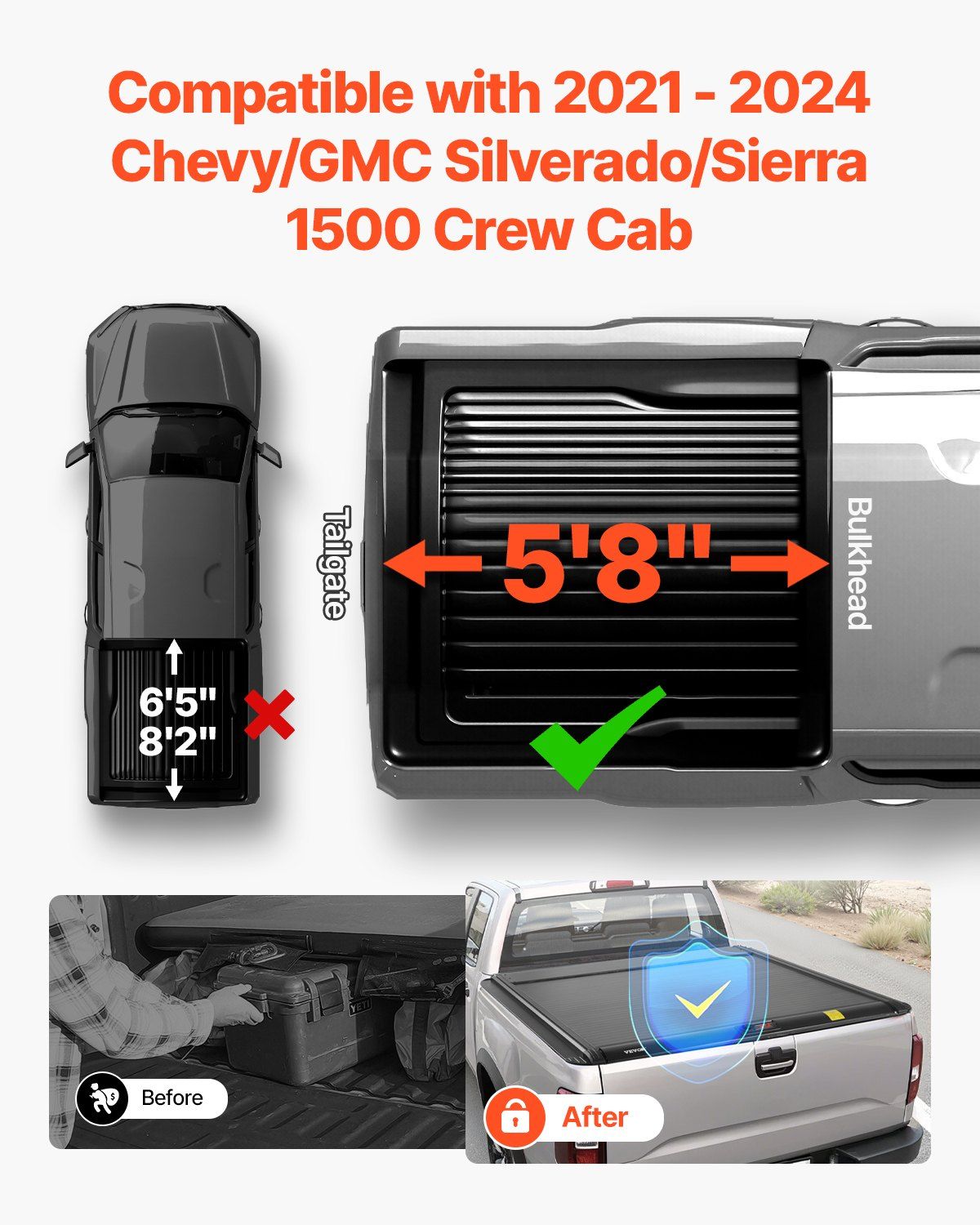 Retractable Tonneau Cover, 5.8 ft Hard Tonneau Cover with Built-in Drainage Pipe for 2021-2024 Chevy/GMC Silverado/Sierra 1500 Crew Cab, Customized Hard Tonneau Cover with Double-Lock & T-Slot