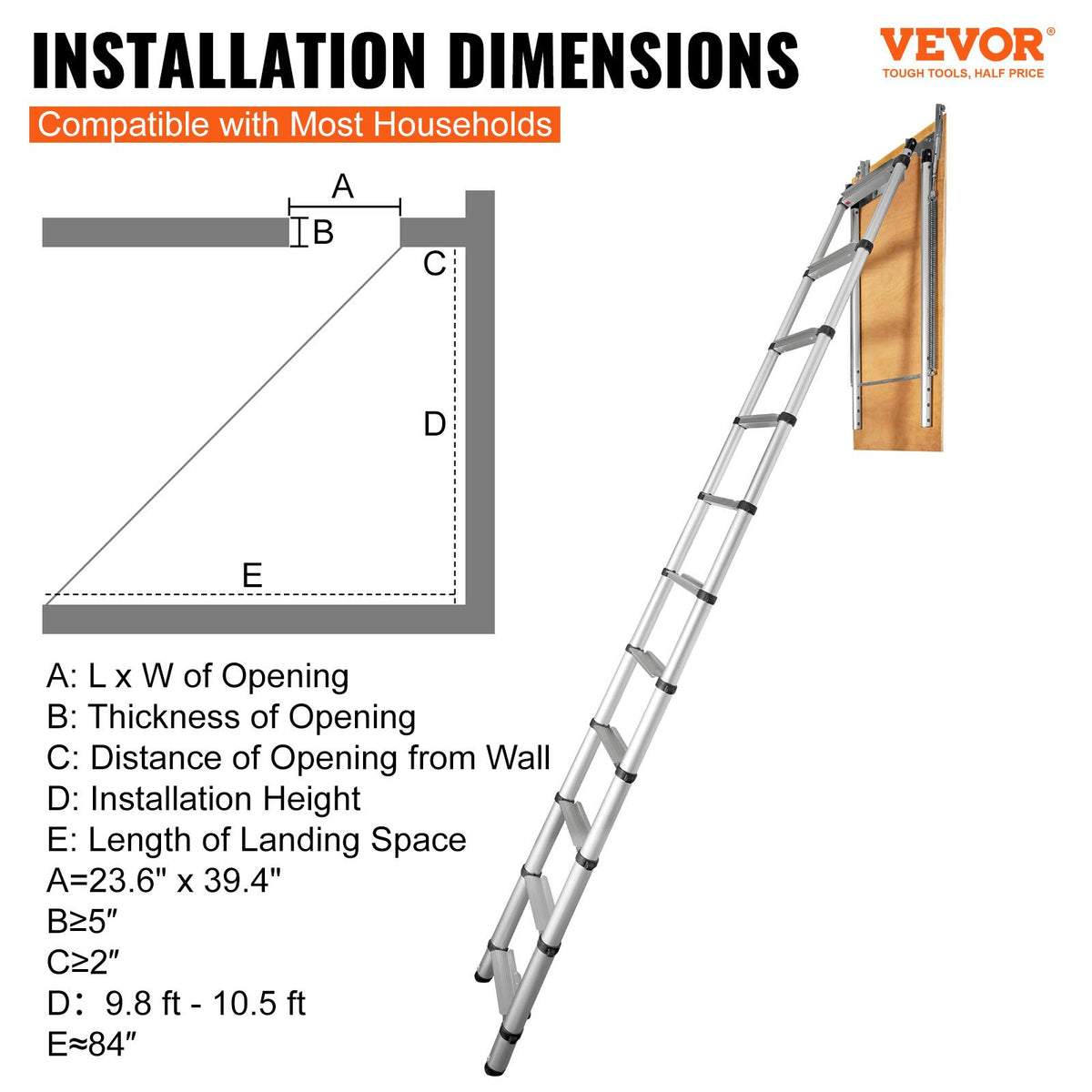 VEVOR Attic Ladder Telescoping, 158.76kg Capacity, 100cm x 59.94cm,Multi-Purpose Aluminium Extension, Lightweight and Portable,Fits298.7cm-320.04cmCeilingHeights,Convenient Access to Your Attic Standa