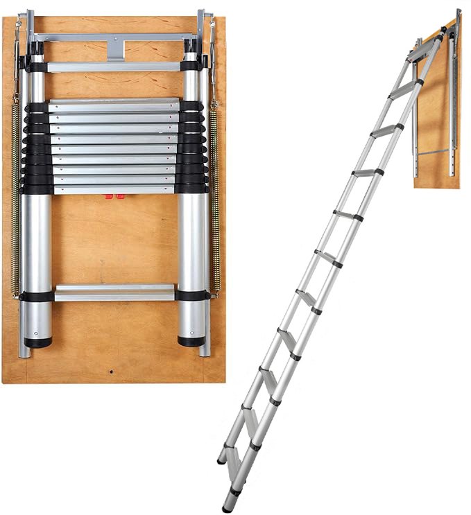 VEVOR Attic Ladder Telescoping, 158.76kg Capacity, 100cm x 59.94cm,Multi-Purpose Aluminium Extension, Lightweight and Portable,Fits298.7cm-320.04cmCeilingHeights,Convenient Access to Your Attic Standa