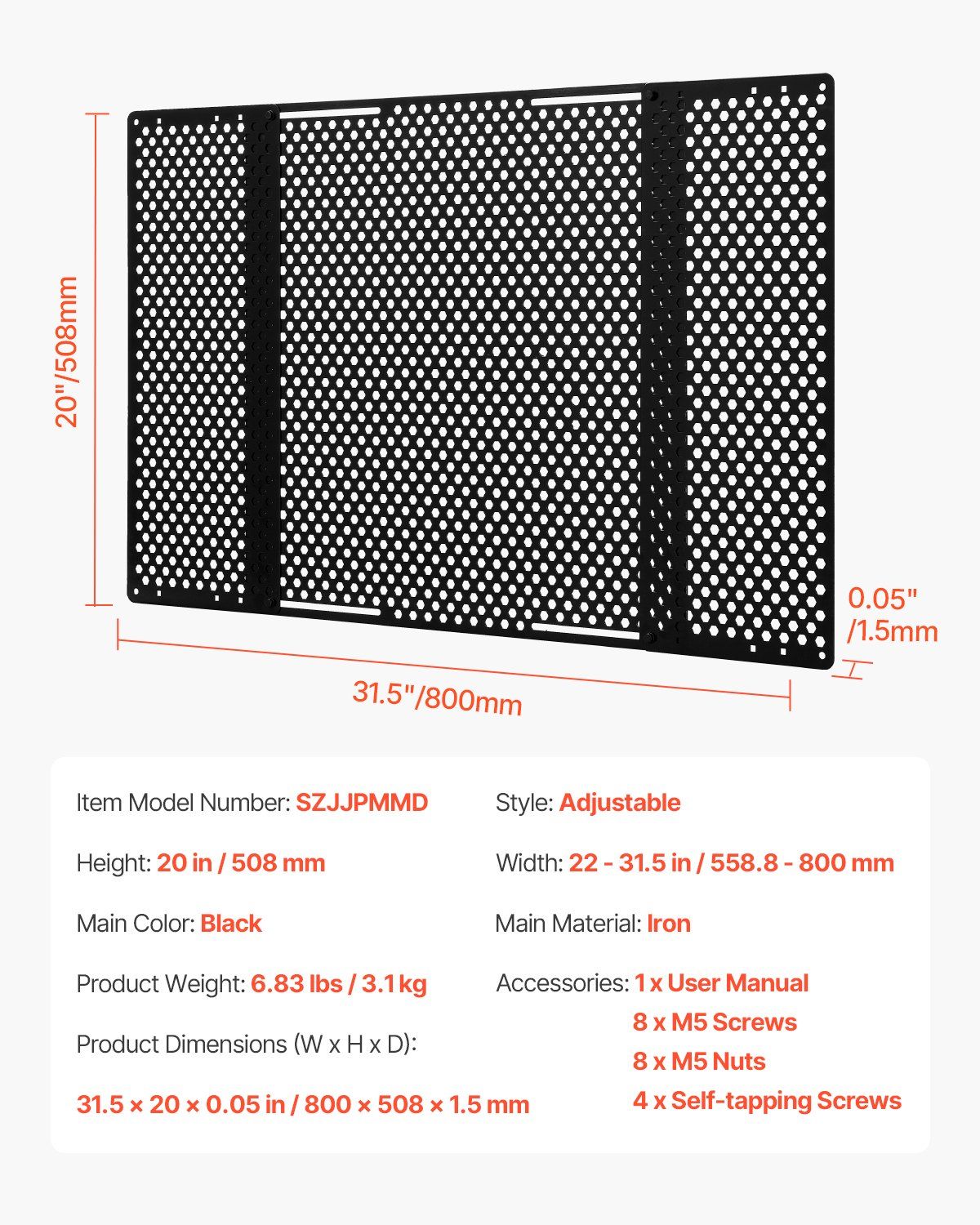RV Screen Door Protector, Adjusts from 558.8 – 800 mm, Adjustable Door Grille, Easy to Install, Reinforced Breathable Honeycomb Holes, Iron Camper RV Entry Protector for Pet Protection, Black