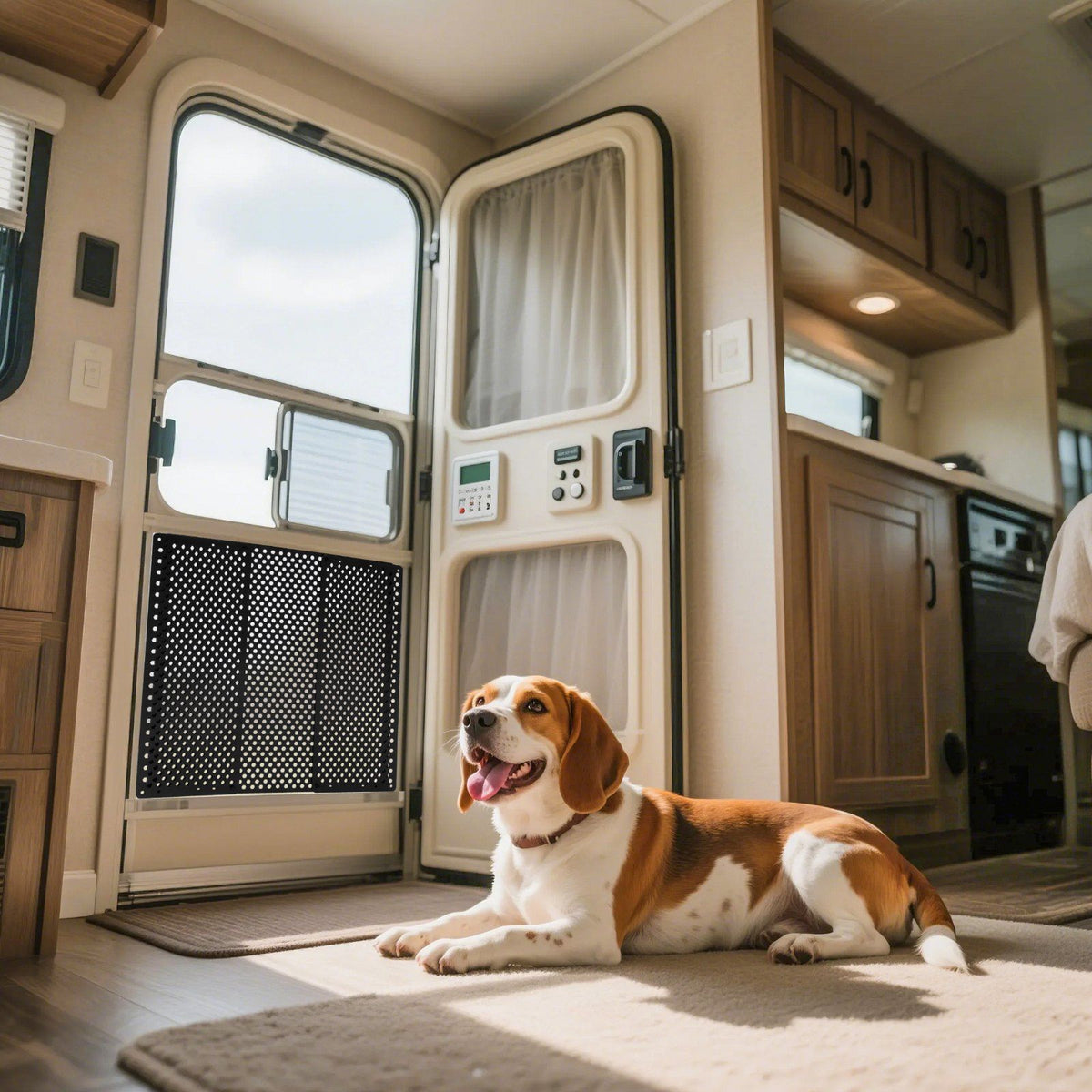 RV Screen Door Protector, Adjusts from 558.8 – 800 mm, Adjustable Door Grille, Easy to Install, Reinforced Breathable Honeycomb Holes, Iron Camper RV Entry Protector for Pet Protection, Black