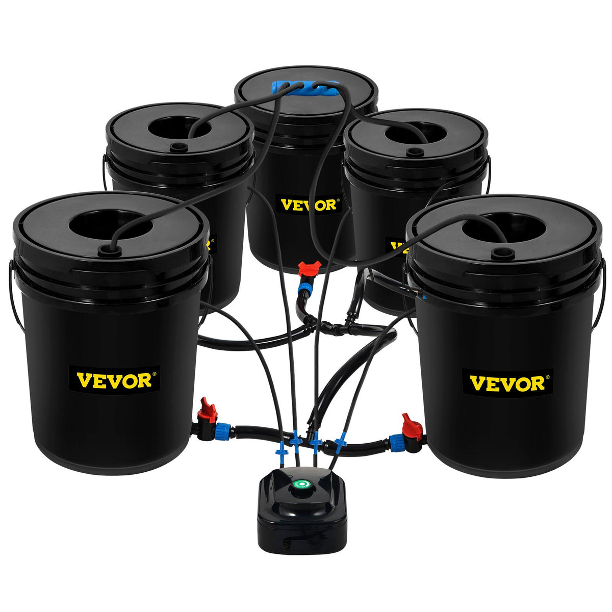 VEVOR DWC Hydroponic System, 5 Gallon 5 Buckets, Deep Water Culture Growing Bucket, Hydroponics Grow Kit with Pump, Air Stone and Connected Reservoir, for Indoor/Outdoor Leafy Vegetables