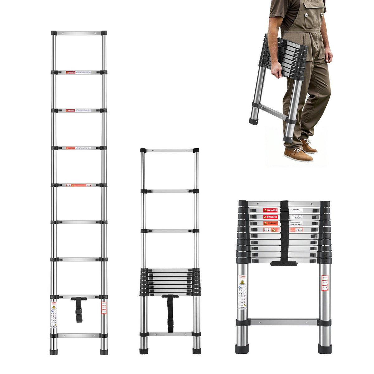Telescoping Ladder, 2540mm Stainless Steel Lightweight Extension Ladder, Multi-Button Retraction Collapsible Ladders, 150 kg Capacity &amp; Non-Slip Feet, Portable 9-Step Ladders for Home RV Loft