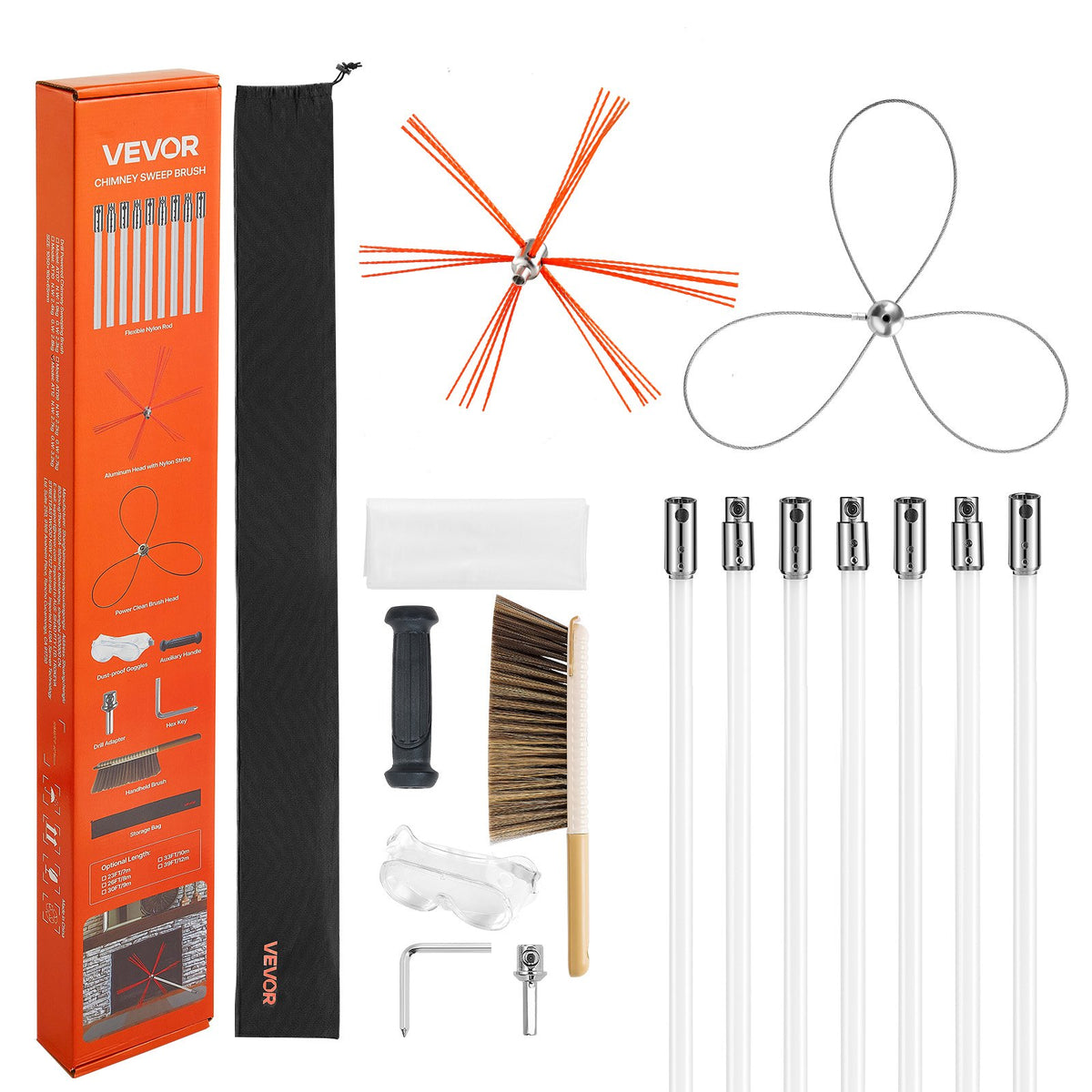 VEVOR Chimney Sweep Kit, 7m Maximum Extendable Length Chimney Brush, Chimney Cleaner Sweeper with Dual Brush Heads, Brush &amp; Goggles, Fireplace Cleaning Tool for Square, Rectangle, Arch Chimneys