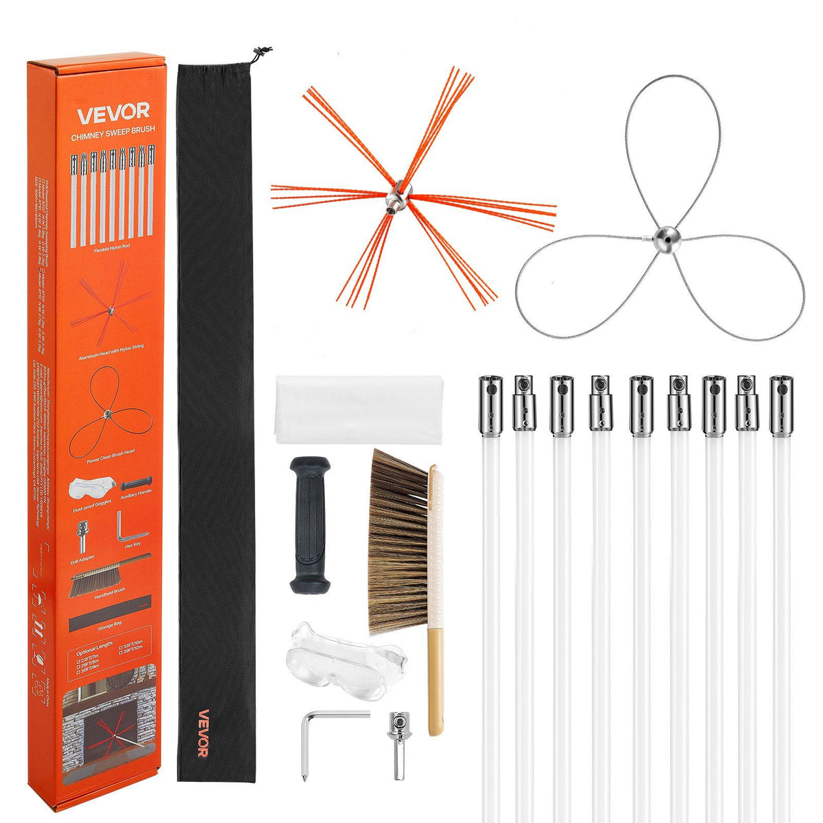 Chimney Sweep Kit, 9m Maximum Extendable Length Chimney Brush, Chimney Cleaner Sweeper with Dual Brush Heads, Brush &amp; Goggles, Fireplace Cleaning Tool for Square, Rectangle, Arch Chimneys