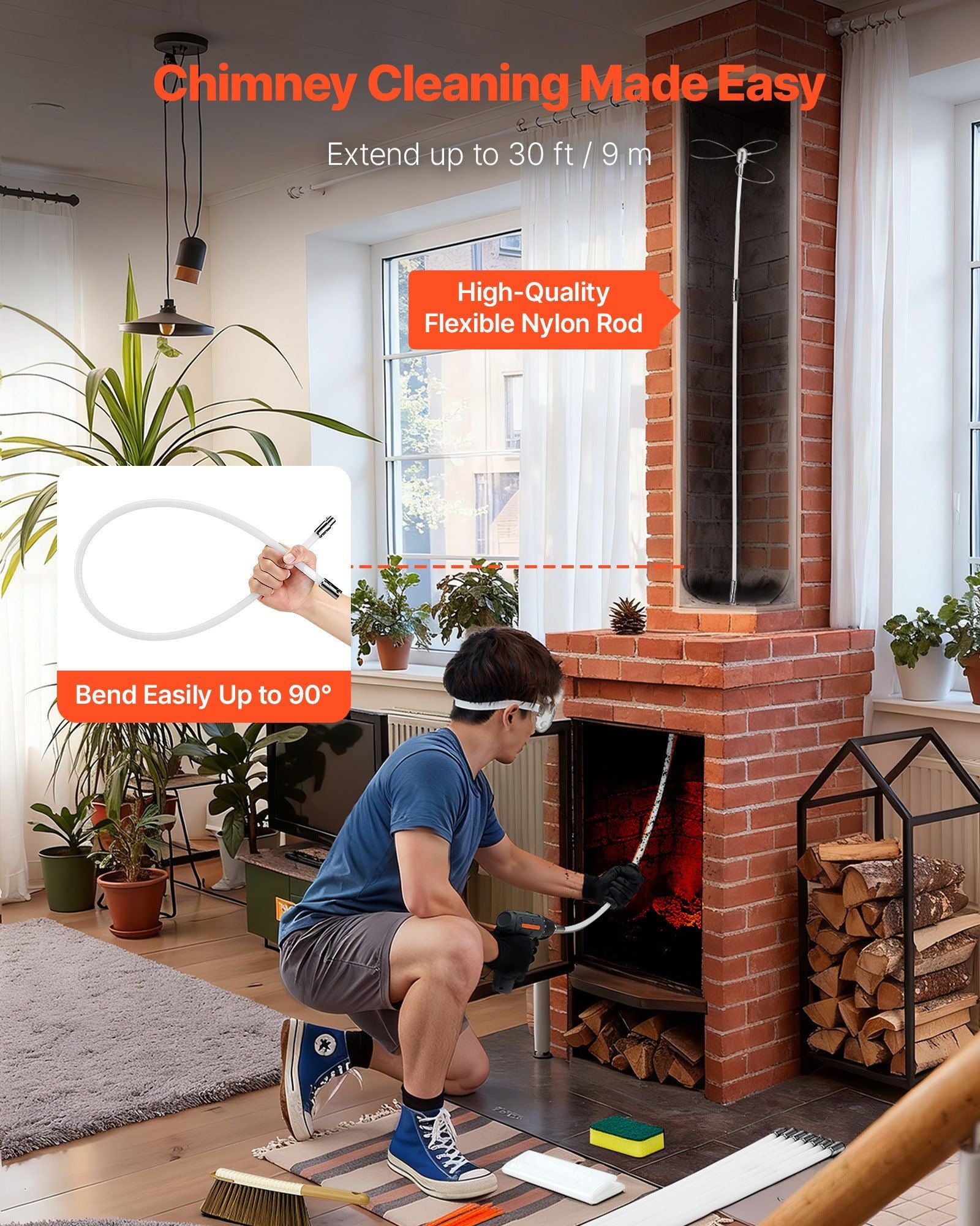 Chimney Sweep Kit, 9m Maximum Extendable Length Chimney Brush, Chimney Cleaner Sweeper with Dual Brush Heads, Brush & Goggles, Fireplace Cleaning Tool for Square, Rectangle, Arch Chimneys