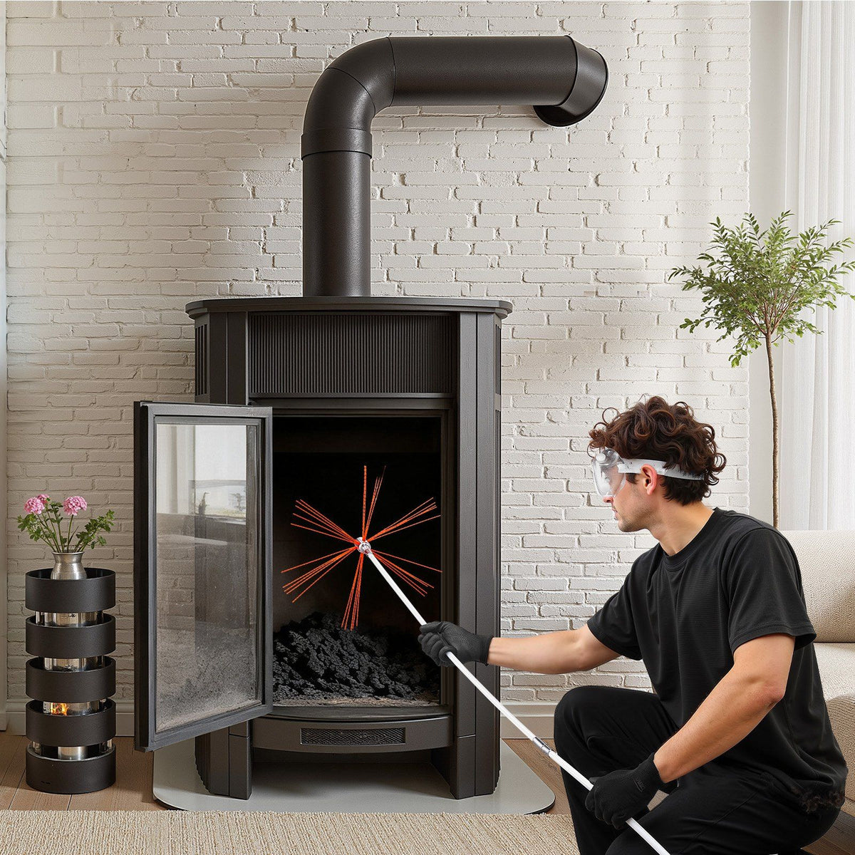 Chimney Sweep Kit, 9m Maximum Extendable Length Chimney Brush, Chimney Cleaner Sweeper with Dual Brush Heads, Brush & Goggles, Fireplace Cleaning Tool for Square, Rectangle, Arch Chimneys