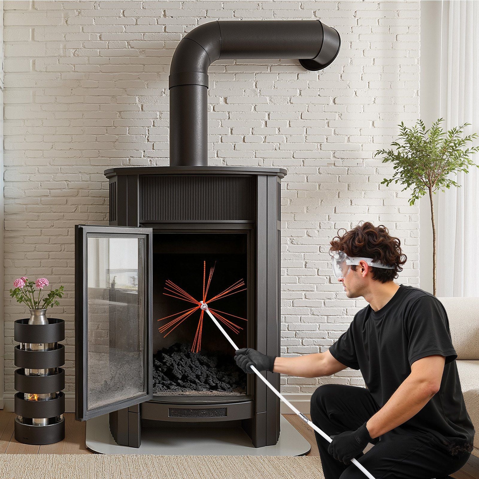 Chimney Sweep Kit, 9m Maximum Extendable Length Chimney Brush, Chimney Cleaner Sweeper with Dual Brush Heads, Brush & Goggles, Fireplace Cleaning Tool for Square, Rectangle, Arch Chimneys