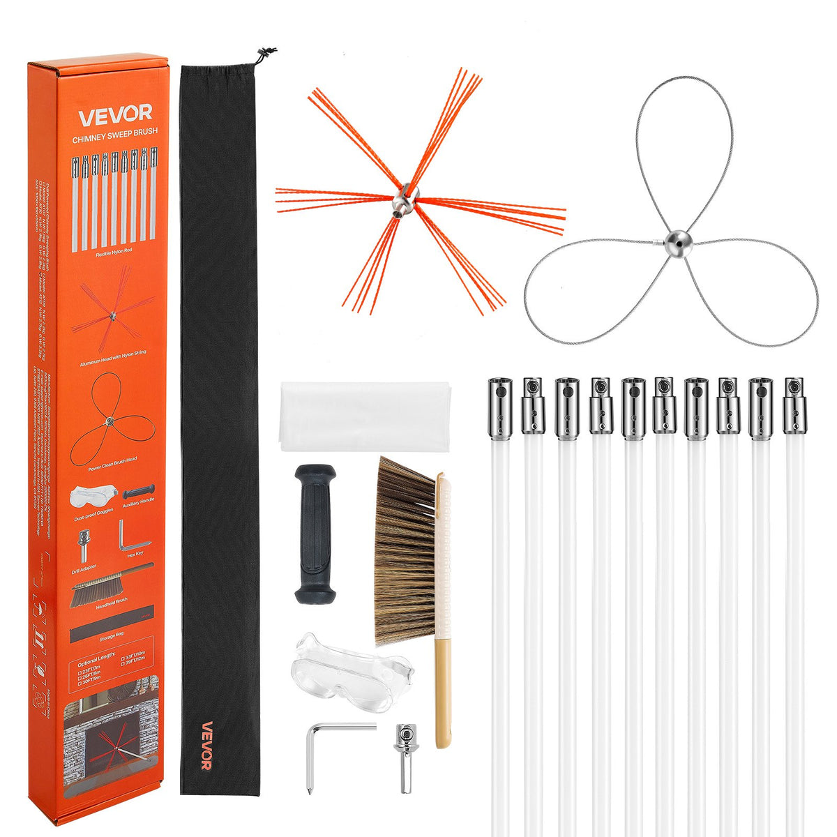 VEVOR Chimney Sweep Kit, 10m Maximum Extendable Length Chimney Brush, Chimney Cleaner Sweeper with Dual Brush Heads, Brush &amp; Goggles, Fireplace Cleaning Tool for Square, Rectangle, Arch Chimneys