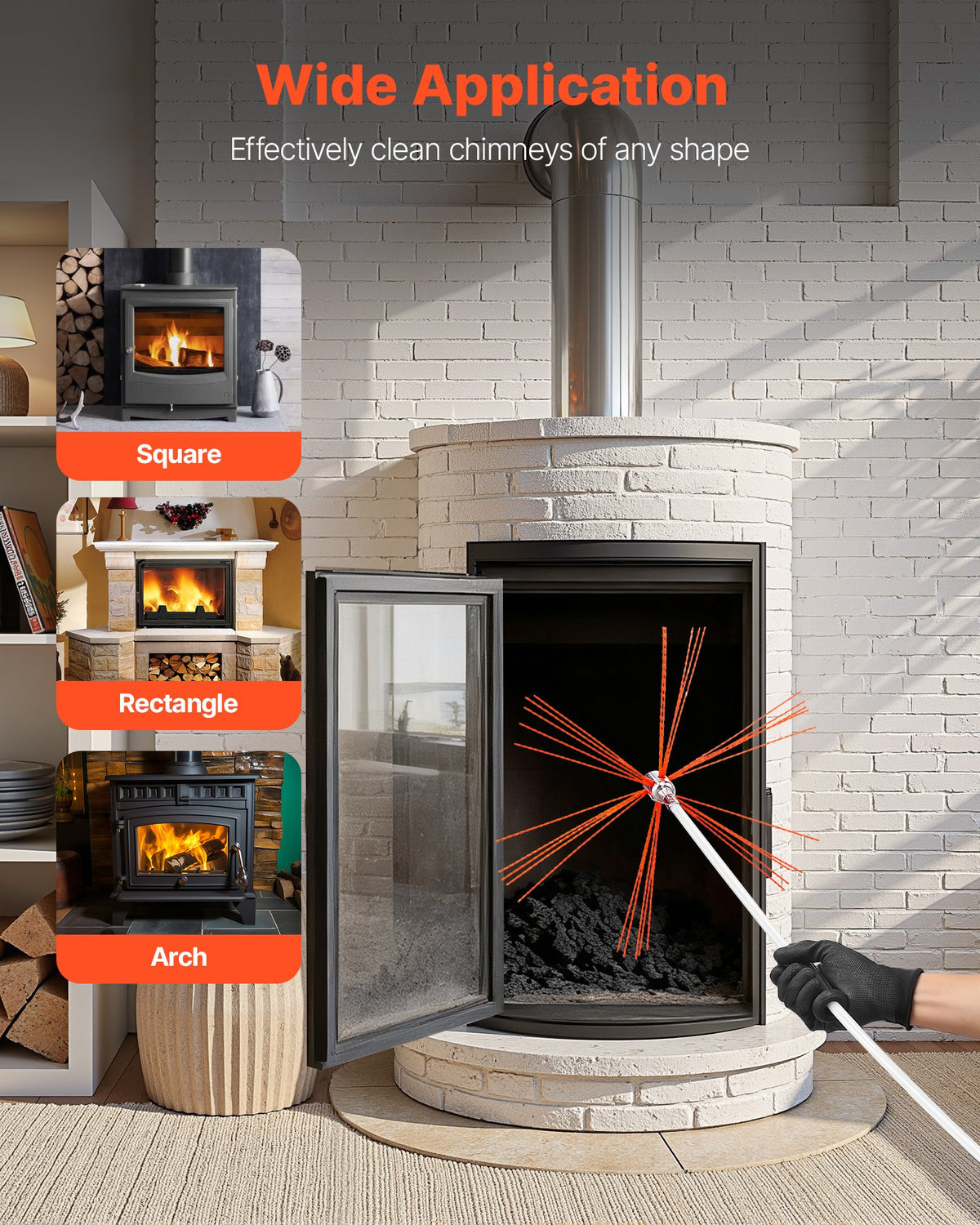 VEVOR Chimney Sweep Kit, 10m Maximum Extendable Length Chimney Brush, Chimney Cleaner Sweeper with Dual Brush Heads, Brush & Goggles, Fireplace Cleaning Tool for Square, Rectangle, Arch Chimneys