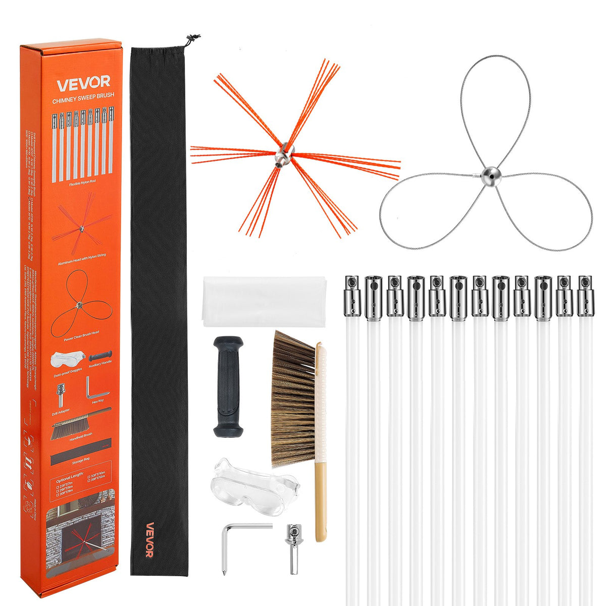 VEVOR Chimney Sweep Kit, 12m Maximum Extendable Length Chimney Brush, Chimney Cleaner Sweeper with Dual Brush Heads, Brush &amp; Goggles, Fireplace Cleaning Tool for Square, Rectangle, Arch Chimneys