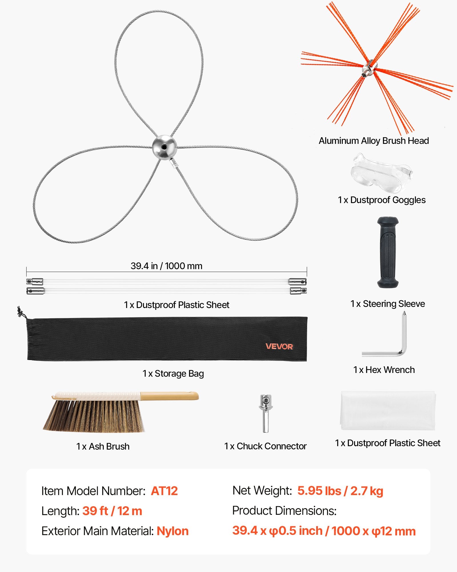 VEVOR Chimney Sweep Kit, 12m Maximum Extendable Length Chimney Brush, Chimney Cleaner Sweeper with Dual Brush Heads, Brush & Goggles, Fireplace Cleaning Tool for Square, Rectangle, Arch Chimneys