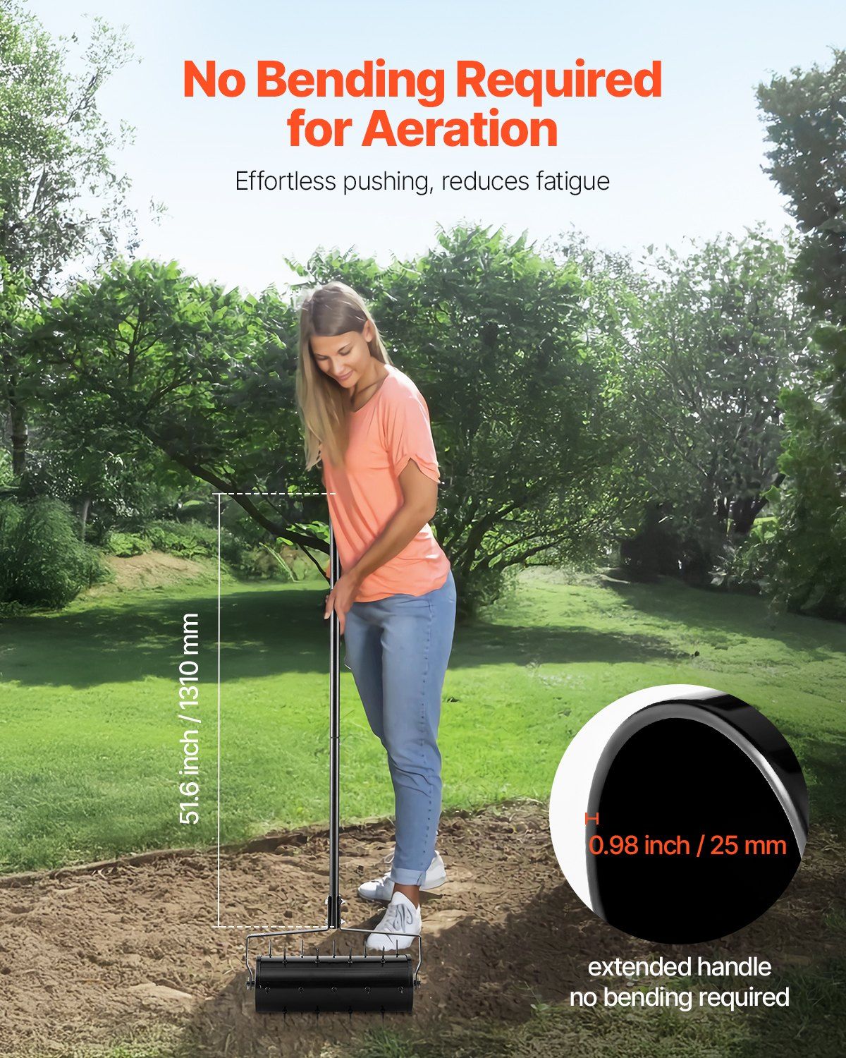 Rolling Lawn Aerator, 435mm Heavy-Duty Manual Rolling Aerator Lawn with Detachable Handle and 27 Iron Spikes, Rolling Lawn Aeration Tool for Garden Patio Yard Compacted Soils and Lawns, Black