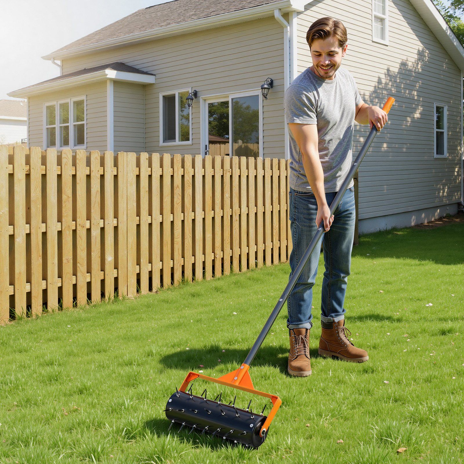 Rolling Lawn Aerator, 410mm Manual Push Aerator Roller with 42 Spikes & 60 in Long Handle, Fillable Drum for Added Weight, Heavy-Duty Lawn Soil Penetrator for Garden Yard Compacted Soils
