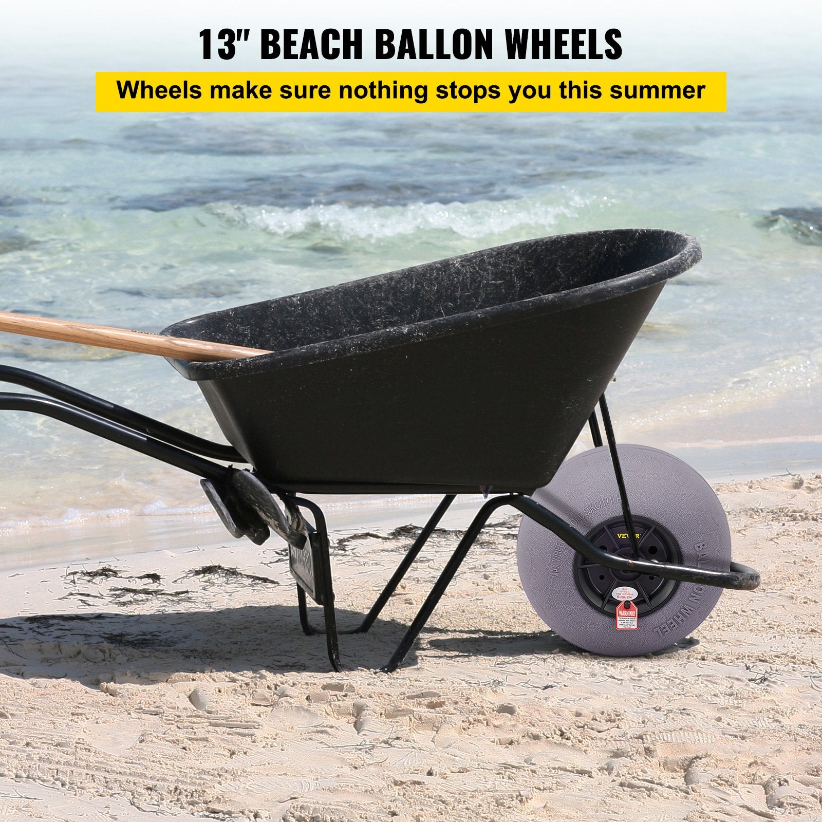 VEVOR Beach Balloon Wheels, 13" Sand Tires with 32" Stainless Steel Axle, TPU Cart Tires for Kayak Dolly, Canoe Cart and Buggy with Air Pump, 2-Pack