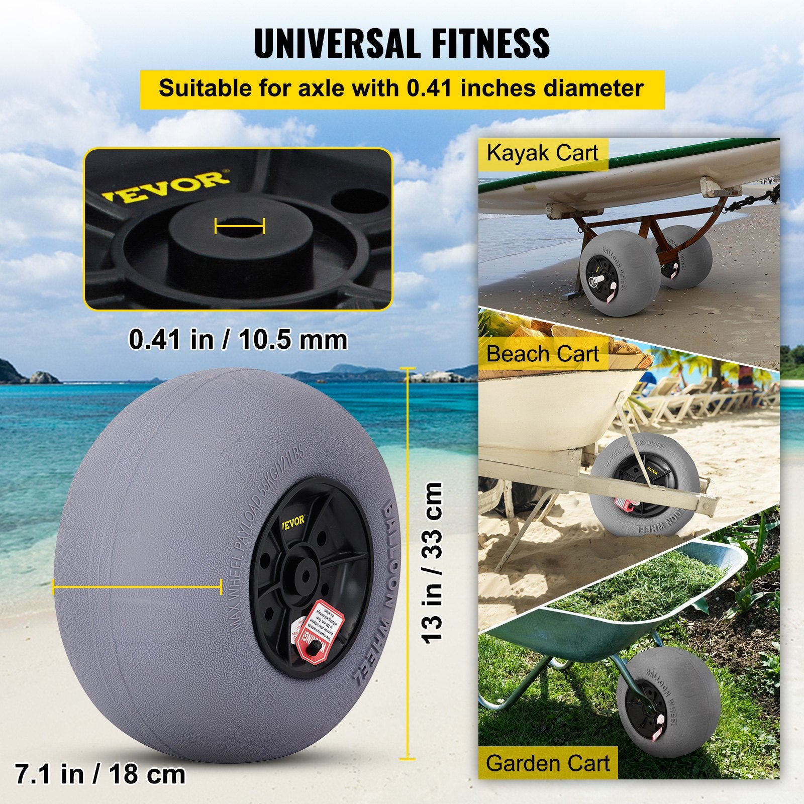 VEVOR Beach Balloon Wheels, 13" Sand Tires with 32" Stainless Steel Axle, TPU Cart Tires for Kayak Dolly, Canoe Cart and Buggy with Air Pump, 2-Pack