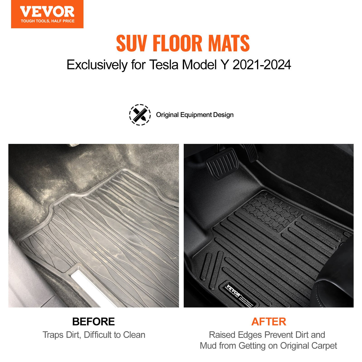 VEVOR Automotive Floor Mats Fits for Tesla Model Y 2021-2024 3 pcs TPE Liners