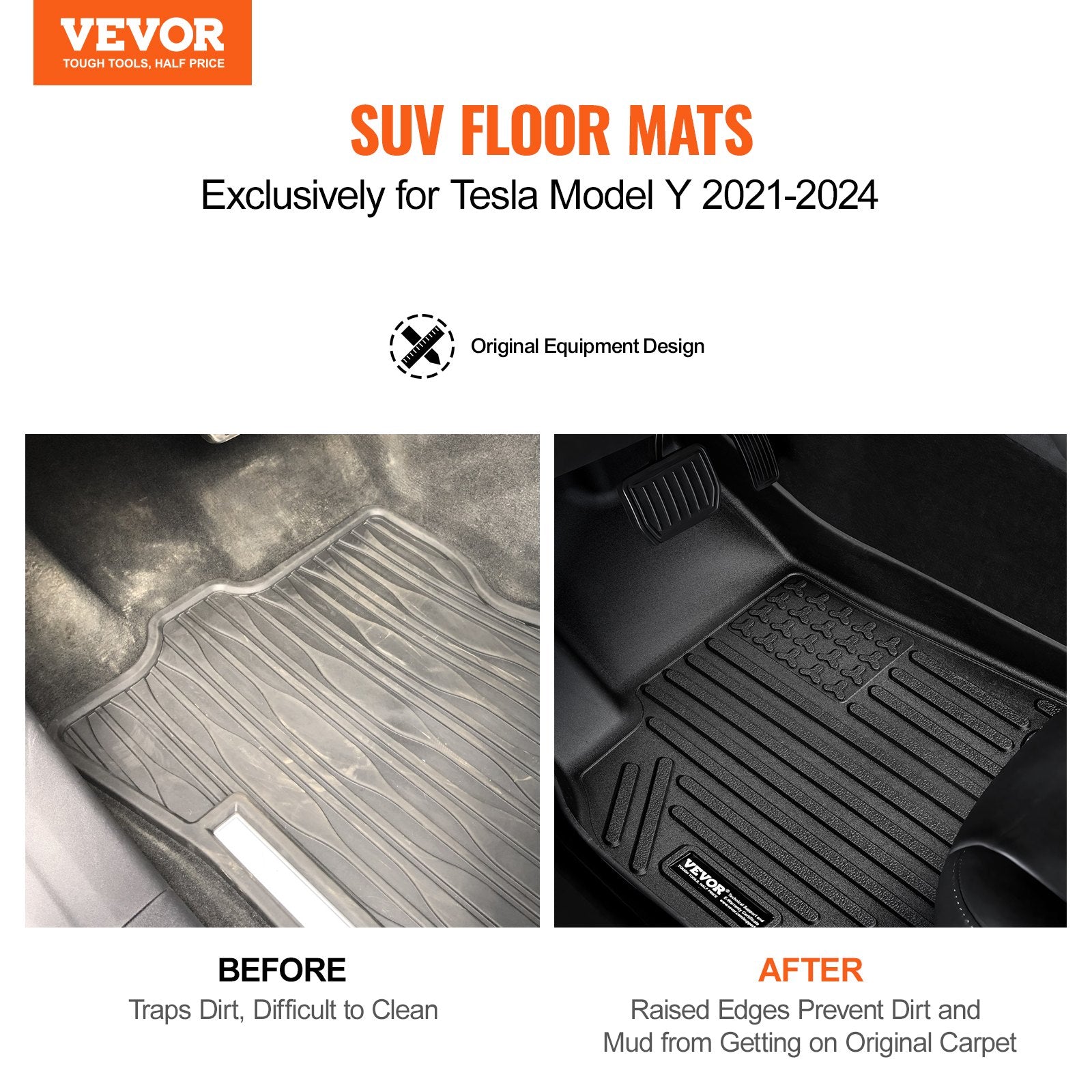 VEVOR Automotive Floor Mats Fits for Tesla Model Y 2021-2024 3 pcs TPE Liners