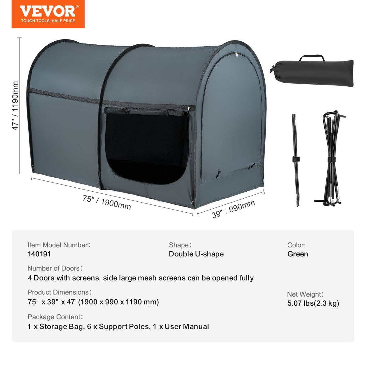 VEVOR Bed Tent, Pongee Fabric, 4 Doors Breathable Dream Tent with 7 mm Fiber Poles on Bed Privacy, Full Size Block out Light Sleeping Bed Canopy, Fit for Kids Playhouse and Adults Sleeping Tent