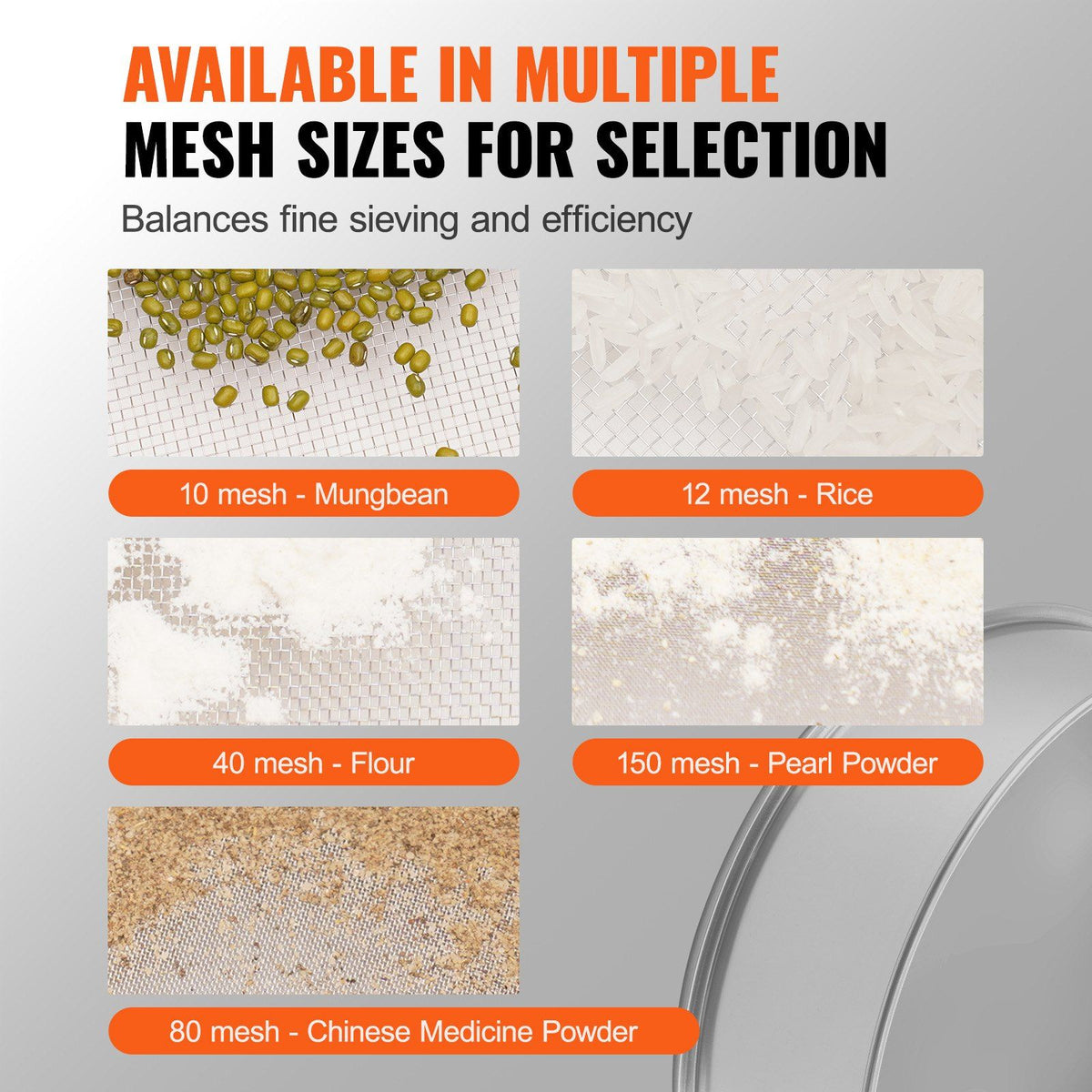 Flour Sieve Fine Mesh, 10 Mesh Flour Sifter, 304 Stainless Steel Fine Mesh Sifter Food-grade, Dia. 12.6" Fine Mesh Strainers for Baking, 5 Sizes Mesh hole for Mungbean, Rice, Flour, Pearl Powder