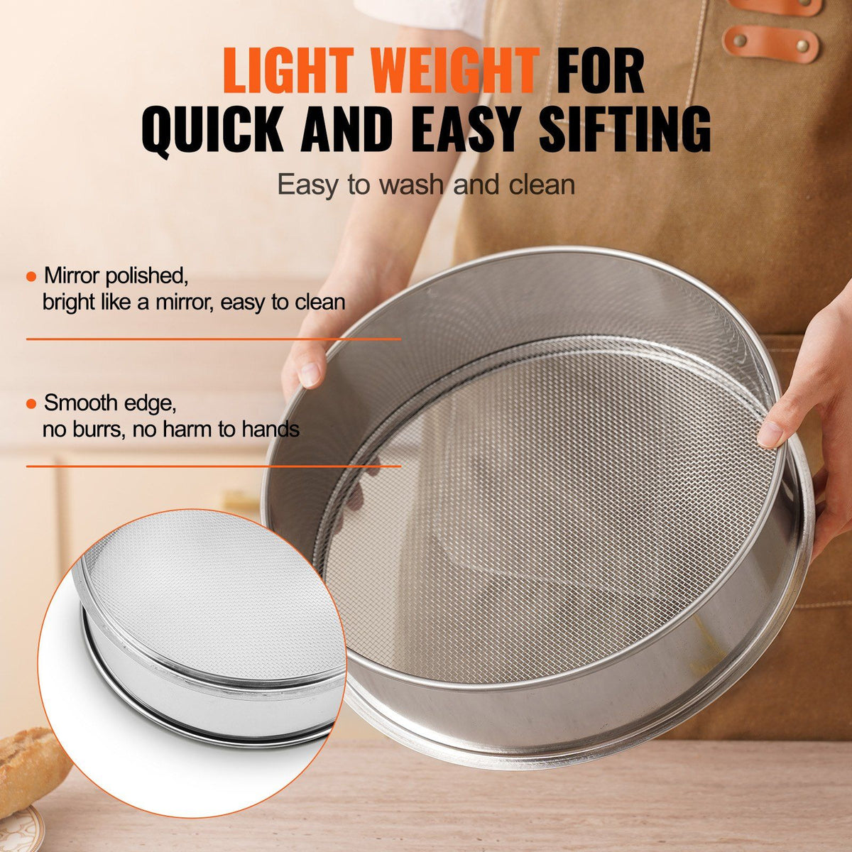 Flour Sieve Fine Mesh, 10 Mesh Flour Sifter, 304 Stainless Steel Fine Mesh Sifter Food-grade, Dia. 12.6" Fine Mesh Strainers for Baking, 5 Sizes Mesh hole for Mungbean, Rice, Flour, Pearl Powder