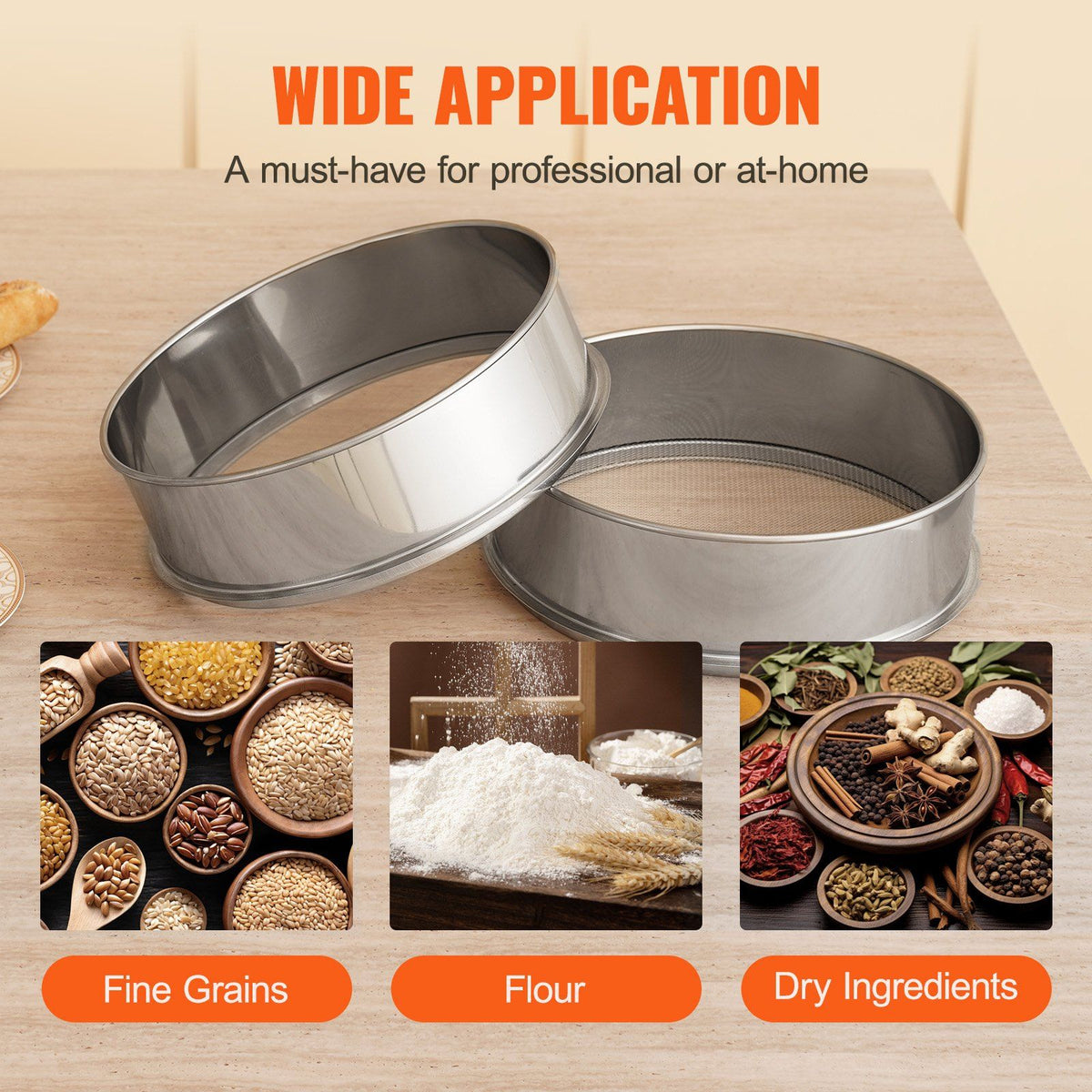 Flour Sieve Fine Mesh, 12 Mesh Flour Sifter, 304 Stainless Steel Fine Mesh Sifter Food-grade, Dia. 12.6" Fine Mesh Strainers for Baking, 5 Sizes Mesh hole for Mungbean, Rice, Flour, Pearl Powder