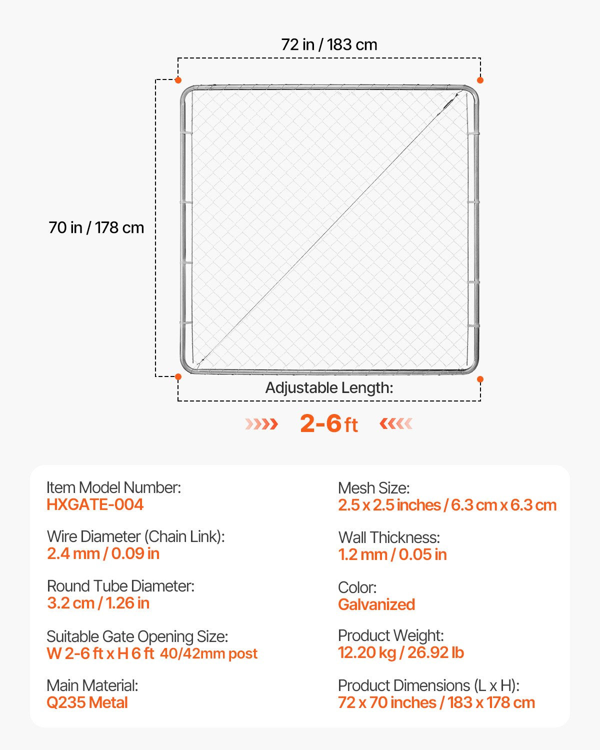 VEVOR Chain Link Fence Gate, 70 x 72 in, Adjustable Chain Link Fence Panel, Fit 3 ft (W) x 4 ft (H) Garden Fence Gate Opening, Rust-Resistant Galvanized Fencing Gate for Farm Posts Not Included