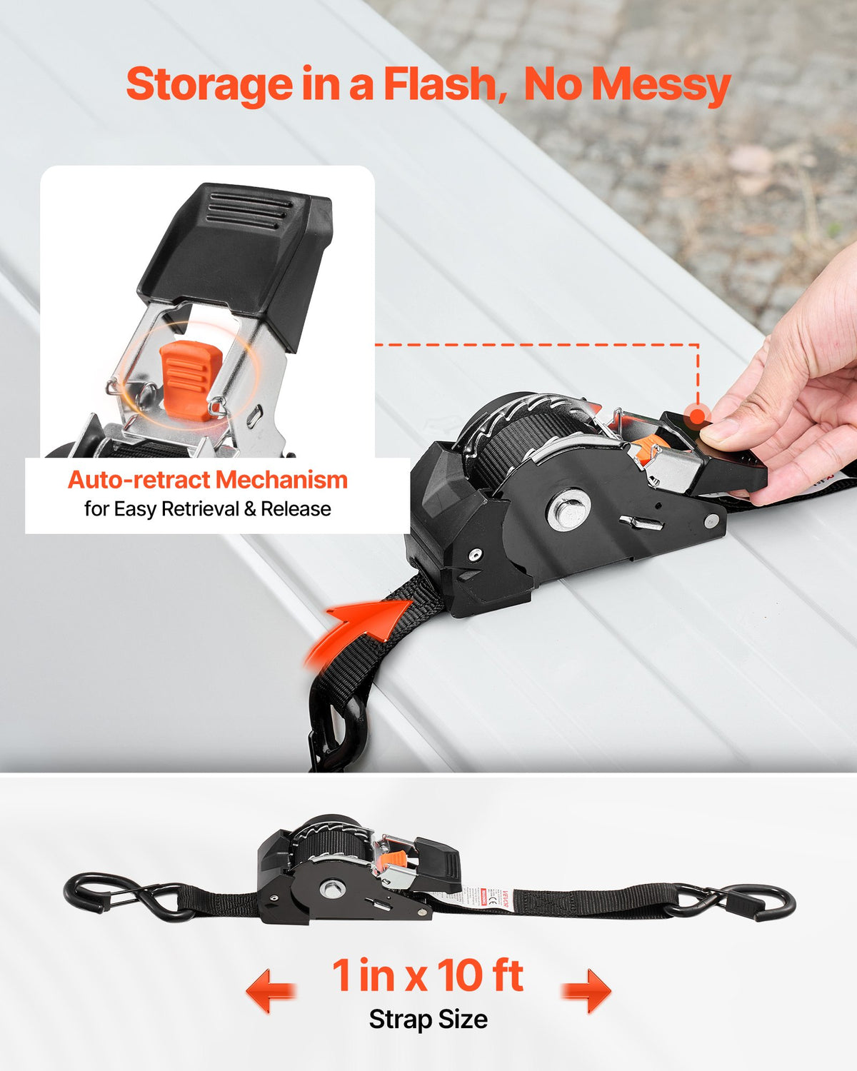 VEVOR Retractable Ratchet Straps, 25.4 mm x 3 m, Tie Down Straps with S Hooks, 544 kg Break Strength, 4 Soft Loops, Tie Down Ratcheting for Moving, Trailers, Motorcycles, Kayaks, Car Roof, 4 Pack