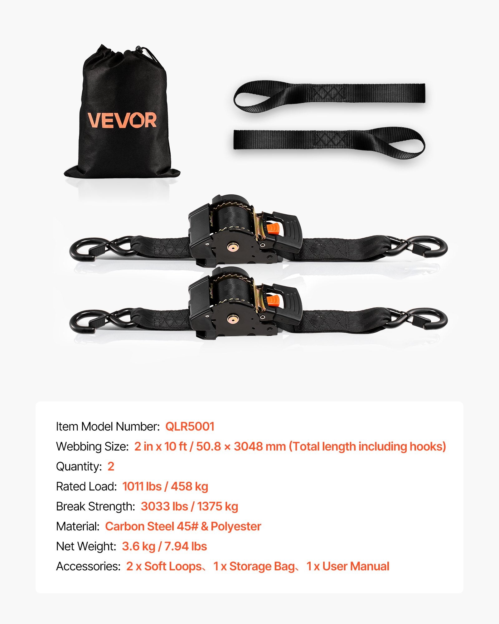 VEVOR Retractable Ratchet Straps, 50.8 mm x 3 m, Tie Down Straps with S Hooks, 1375 kg Break Strength, 2 Soft Loops, Tie Down Ratcheting for Moving, Trailers, Motorcycles, Kayaks, Car Roof, 2 Pack