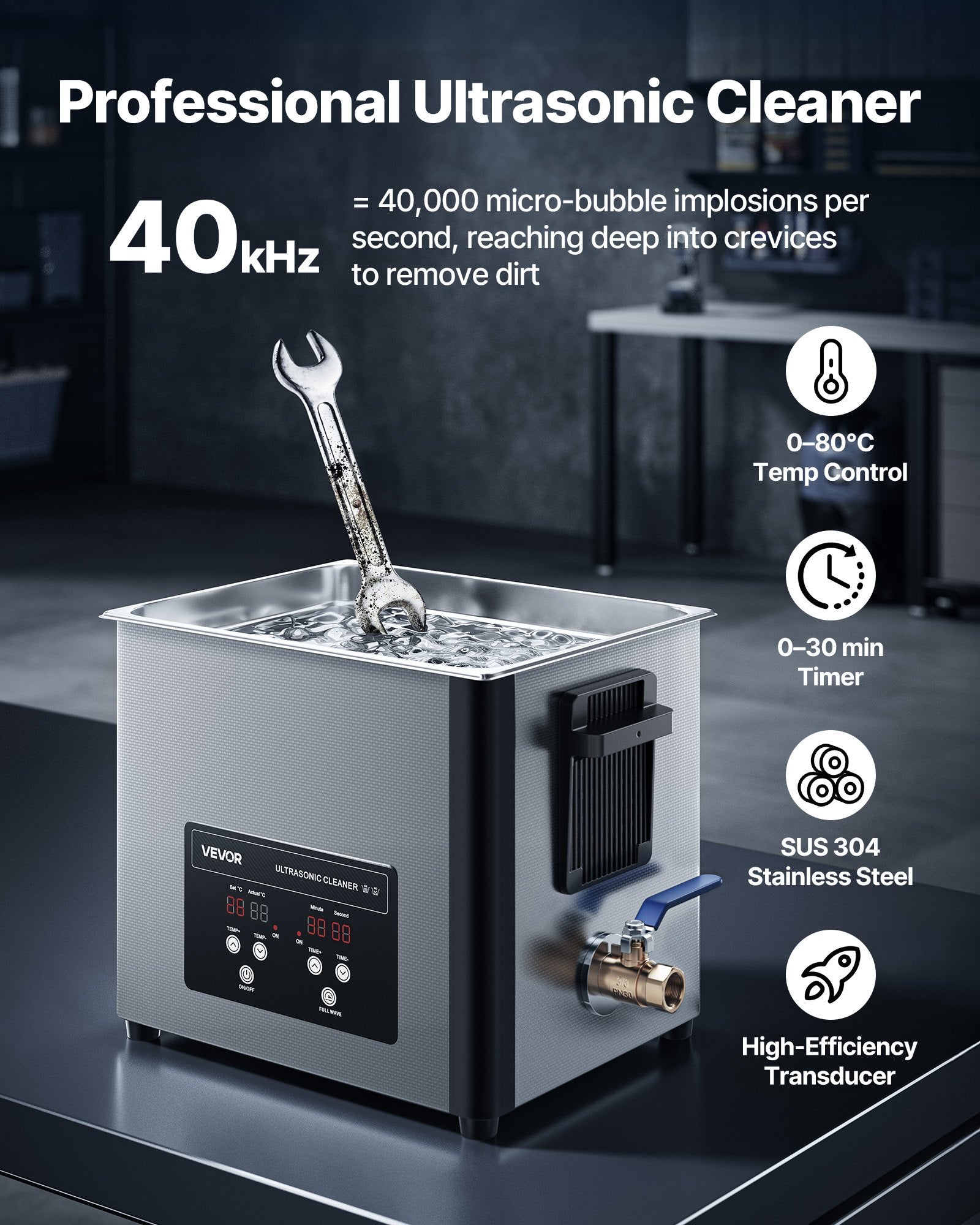 VEVOR 10L Ultrasonic Cleaner, Professional Ultrasonic Cleaner Machine with Cleaning Basket & Digital Display, 180W Stainless Steel 40kHz Cleaning Machine for Watches, Razors, Jewelry, Coins, and More