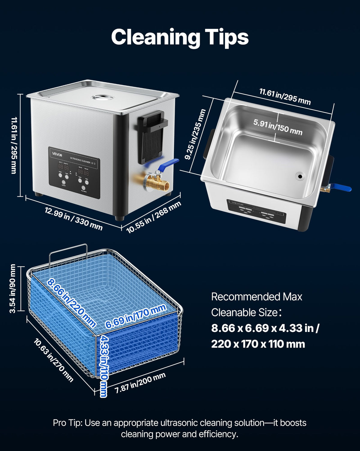 VEVOR 10L Ultrasonic Cleaner, Professional Ultrasonic Cleaner Machine with Cleaning Basket & Digital Display, 180W Stainless Steel 40kHz Cleaning Machine for Watches, Razors, Jewelry, Coins, and More