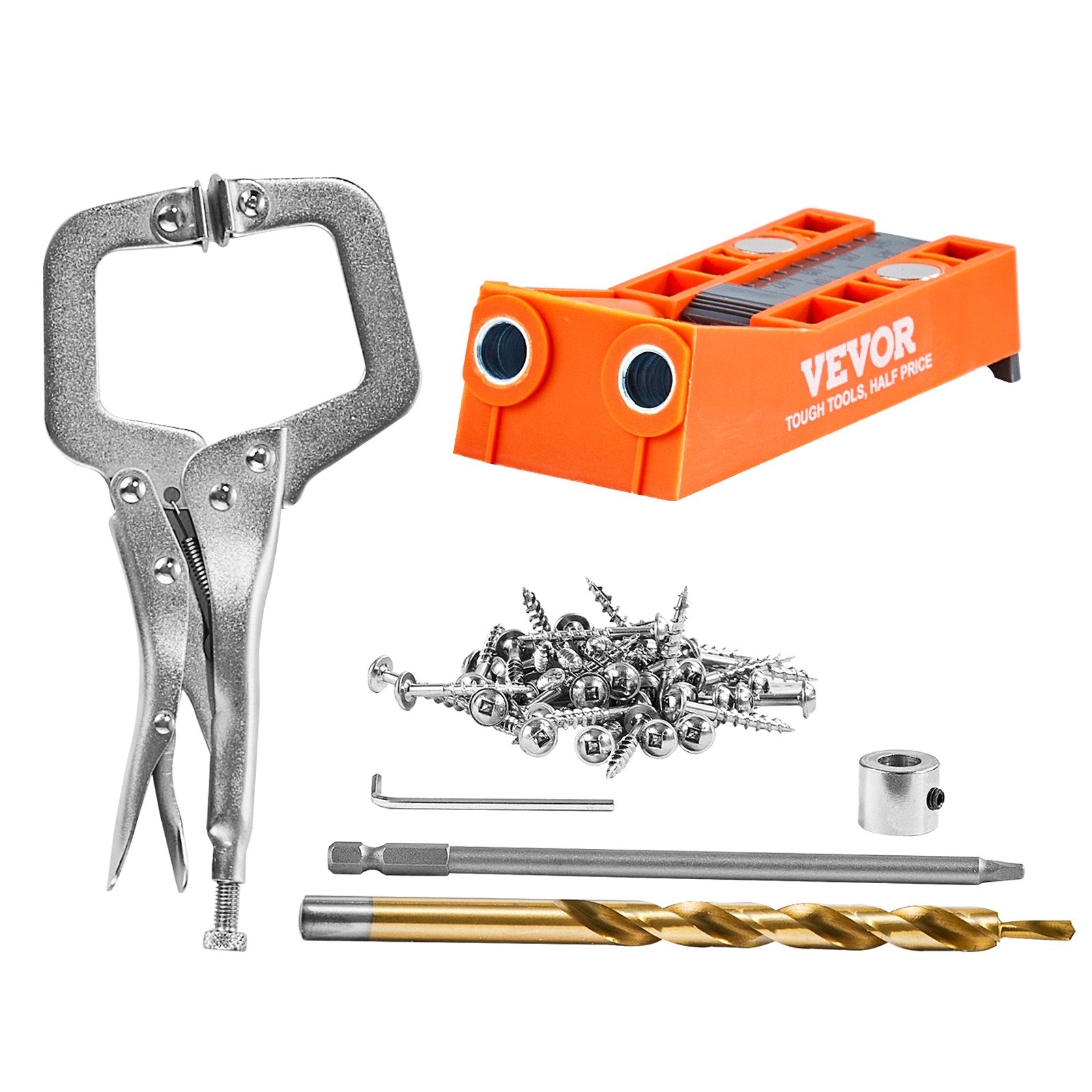VEVOR Pocket Hole Jig, 56 Pcs Mini Jig Pocket Hole System with C-clamp, Step Drill, Wrench, Drill Stop Ring, Square Drive Bit, and Screws, for DIY Carpentry Projects