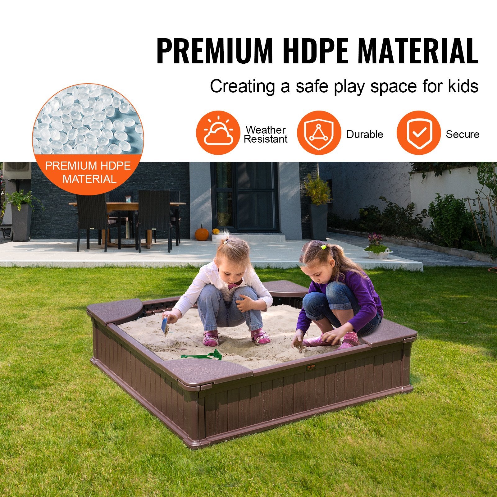 VEVOR Sandbox with Cover, 48.6x48.6x12.4 in Square Sand Box, HDPE Sand Pit with 4 Corner Seating and Bottom Liner, Kids Sandbox for Outdoor Backyard, Beach, Park, Gift for Boys Girls Ages 3-12, Brown