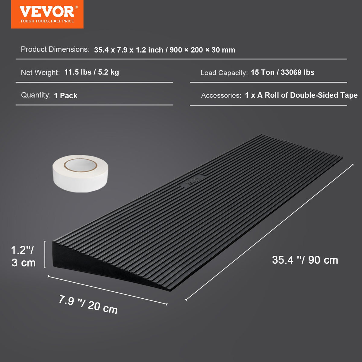 VEVOR 3 cm Rise Cuttable Threshold Ramp for Sweeping Robot, 90 cm Wide Natural Rubber Wheelchair Ramp, Non-Slip Solid Rubber Ramp with Double-Sided Tape for Doorways, Driveways, Bathroom, Smooth Tile