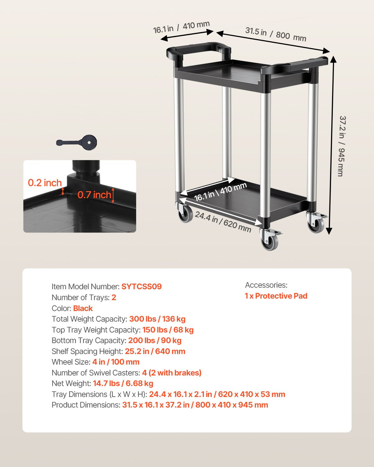 VEVOR Utility Cart, 300 lbs Load Capacity, 2-tier Utility Plastic Cart with 360° Swivel Wheels (2 with Brakes), 24.4 x 16.1-inch Food Service Cart for Warehouse, Office, Home, Restaurant, Kitchen