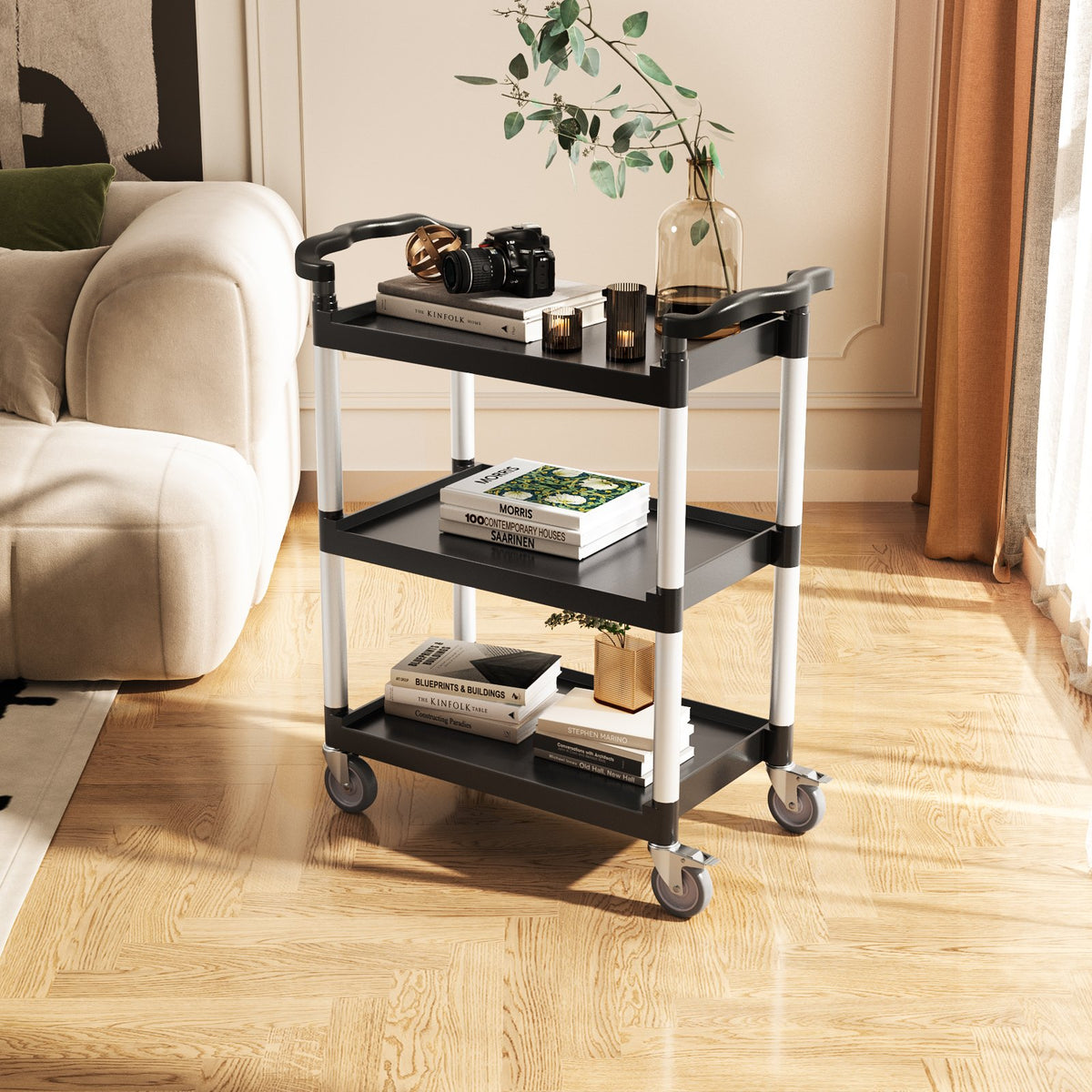 VEVOR Utility Cart, 300 lbs Load Capacity, 2-tier Utility Plastic Cart with 360° Swivel Wheels (2 with Brakes), 24.4 x 16.1-inch Food Service Cart for Warehouse, Office, Home, Restaurant, Kitchen