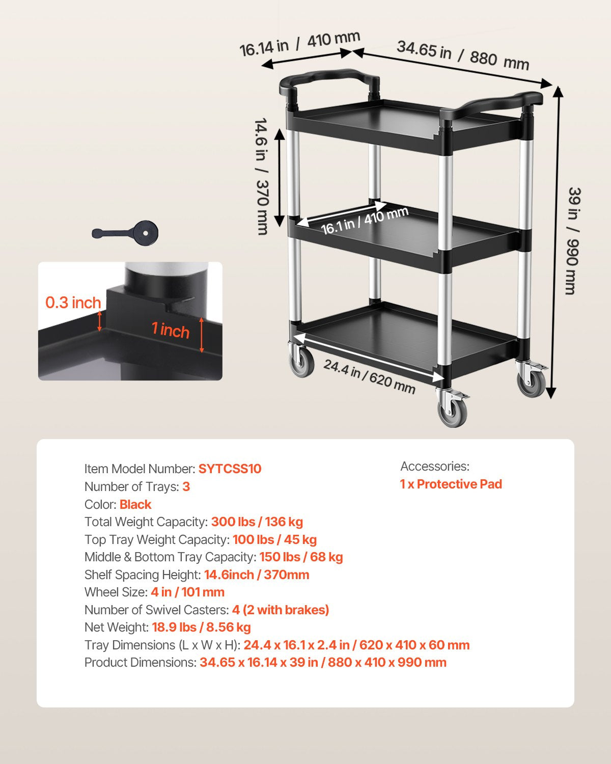 VEVOR Utility Cart, 300 lbs Load Capacity, 3-tier Utility Plastic Cart with 360° Swivel Wheels (2 with Brakes), 24.4 x 16.1-inch Food Service Cart for Warehouse, Office, Home, Restaurant, Kitchen