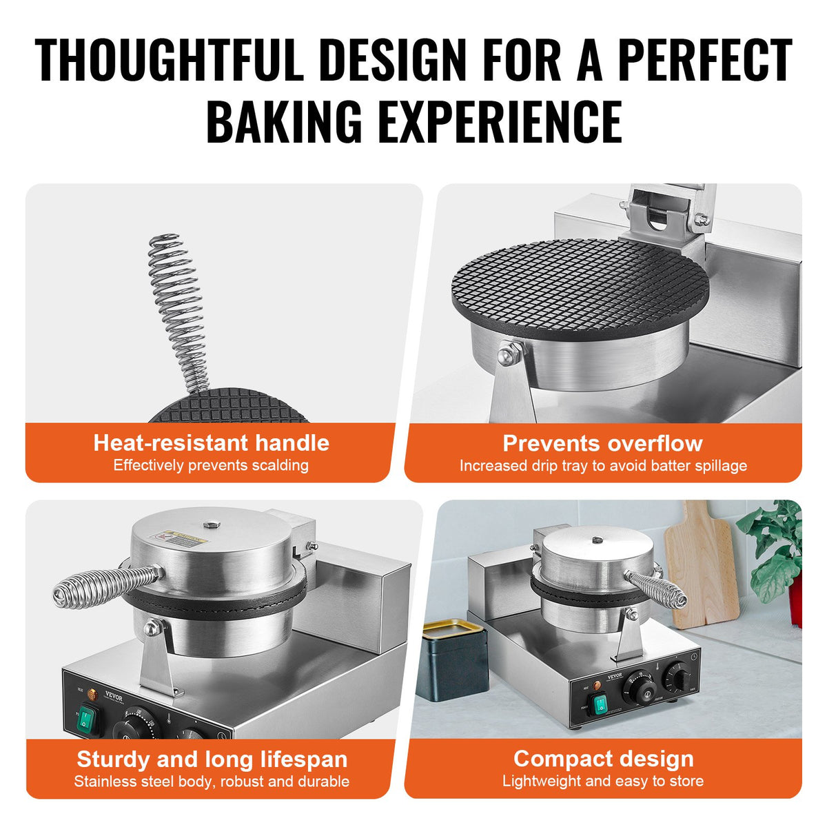 VEVOR Electric Ice Cream Cone Maker, Commercial 1230W Waffle Cone Machine, Non-Stick Stainless Steel Egg Roll Mold, with Temperature and Time Control, Handle, for Restaurant Bakery Snack Bar Family