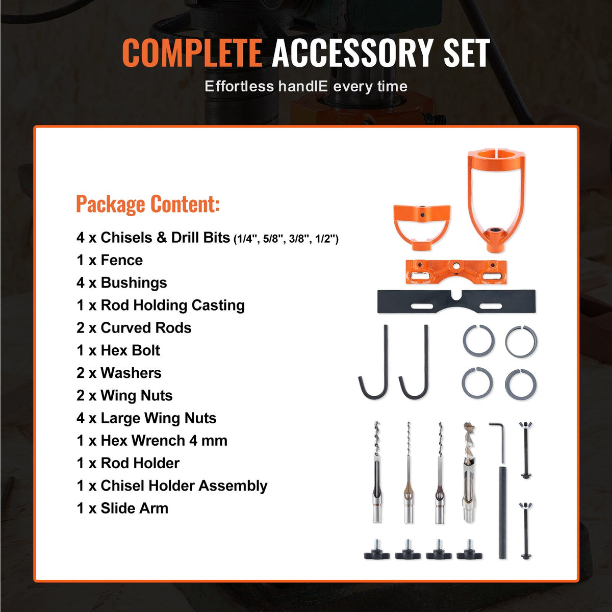 VEVOR Mortising Attachment for Drill Press, 4 Model Drills Square Hole Chisel Set, Bench Drill Locator Set Mortise and Tenon Tools with 5 Bushings, for Woodworking Mortising Tenoning Drilling Machine