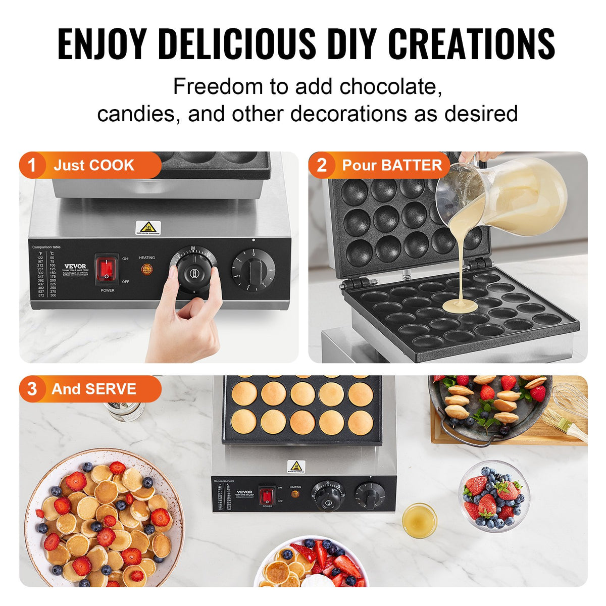 VEVOR Mini Dutch Pancake Maker, 25PCS 43mm Diameter Dorayaki Baker Machine, 1700W Commercial Electric Poffertjes Grill, Non-stick Stainless Steel, Temp & Time Control, for Home Kitchen Restaurant