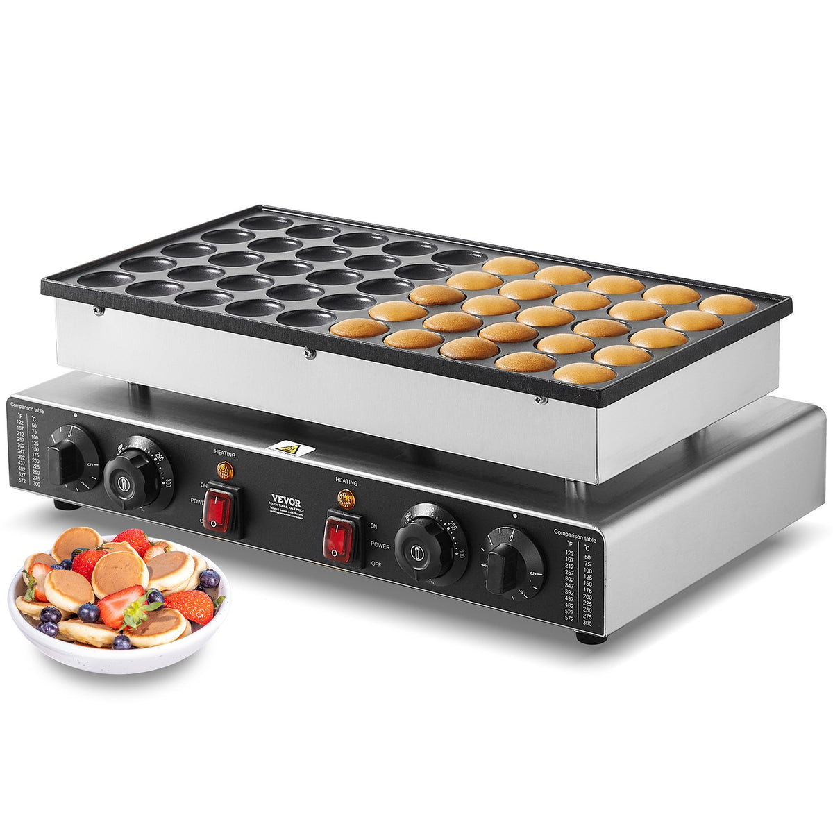 VEVOR Mini Dutch Pancake Maker, 50PCS 43mm Diameter Dorayaki Baker Machine, 1700W Commercial Electric Poffertjes Grill, Non-stick Stainless Steel, Dual Temp &amp; Time Control, for Home Kitchen Restaurant